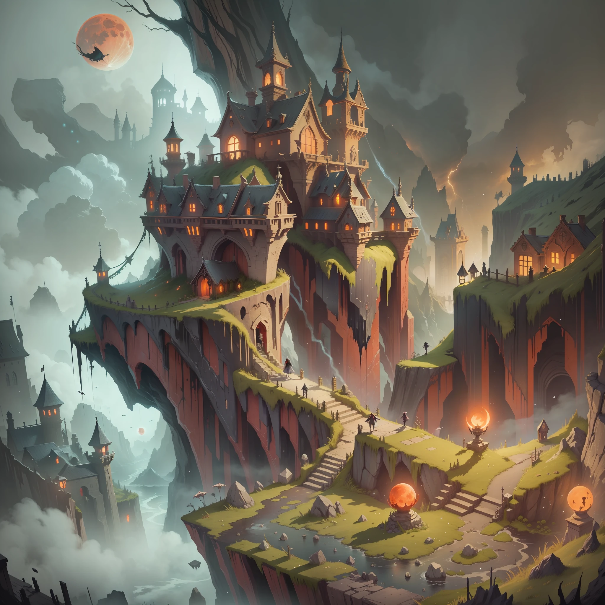 Dark world, cliffs, skeletons everywhere, blood moon, black fog surrounding, levitating Castlevania, points of light, fantasy, ghost flight
