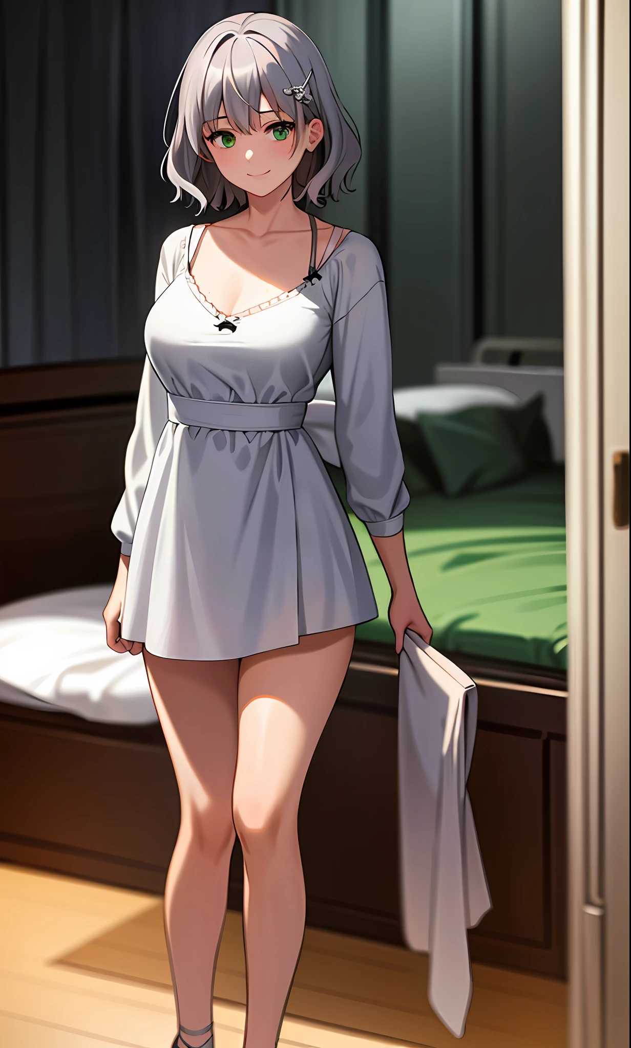 Top quality, (Masterpiece: 1.2), Very detailed, Own room, 1 girl, Solo, (muse), smile, watch the viewer, gray hair, circle of angels, short hair, hair ornament, green eyes, light in the eyes, white underwear, in the middle of dressing, realistic, from the knees up, glowing skin, fair skin, (medium breasts) ultra-realistic, realistic, photorealistic, portrait, blur,
