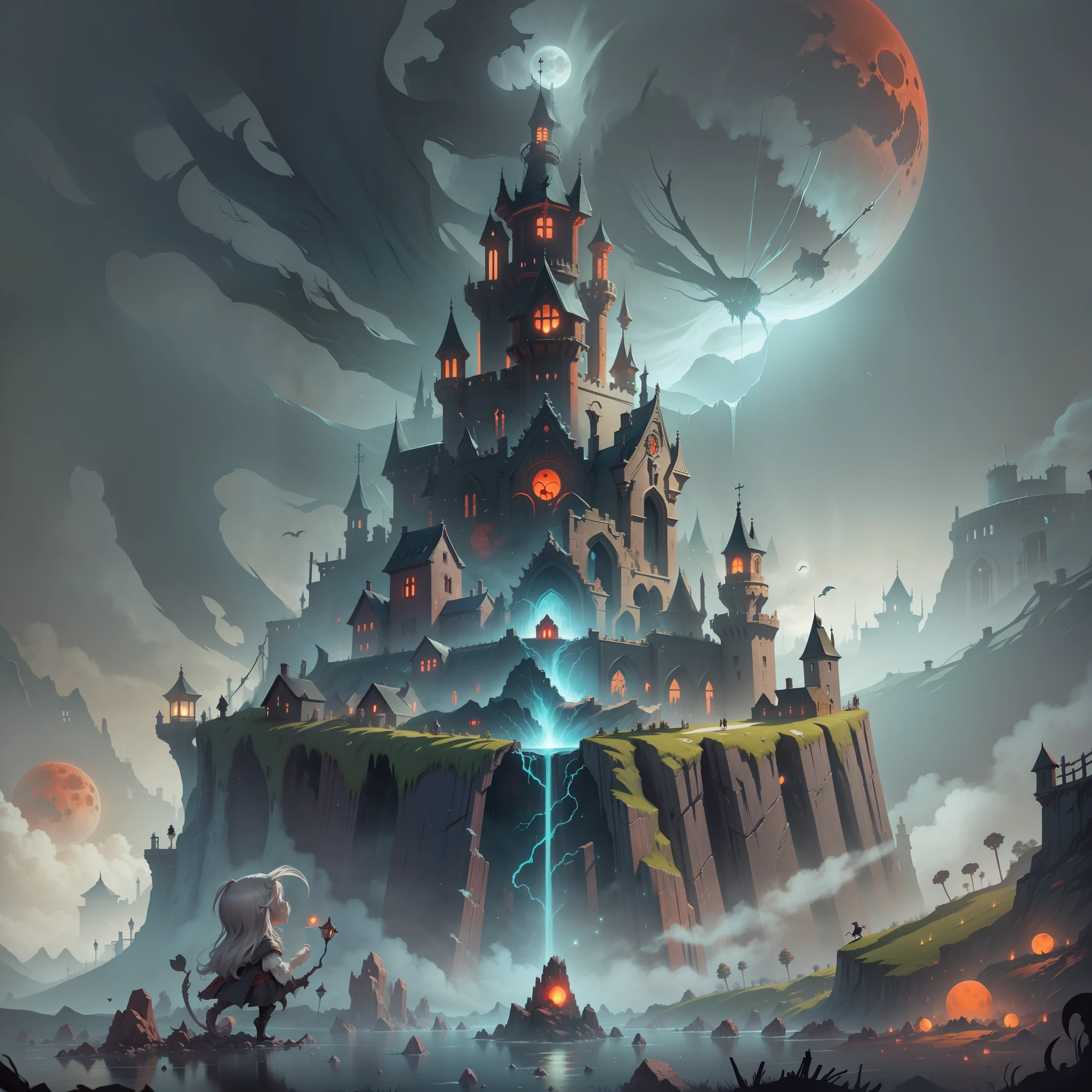 Dark world, cliffs, skeletons everywhere, blood moon, black fog surrounding, levitating Castlevania, points of light, fantasy, ghost flight