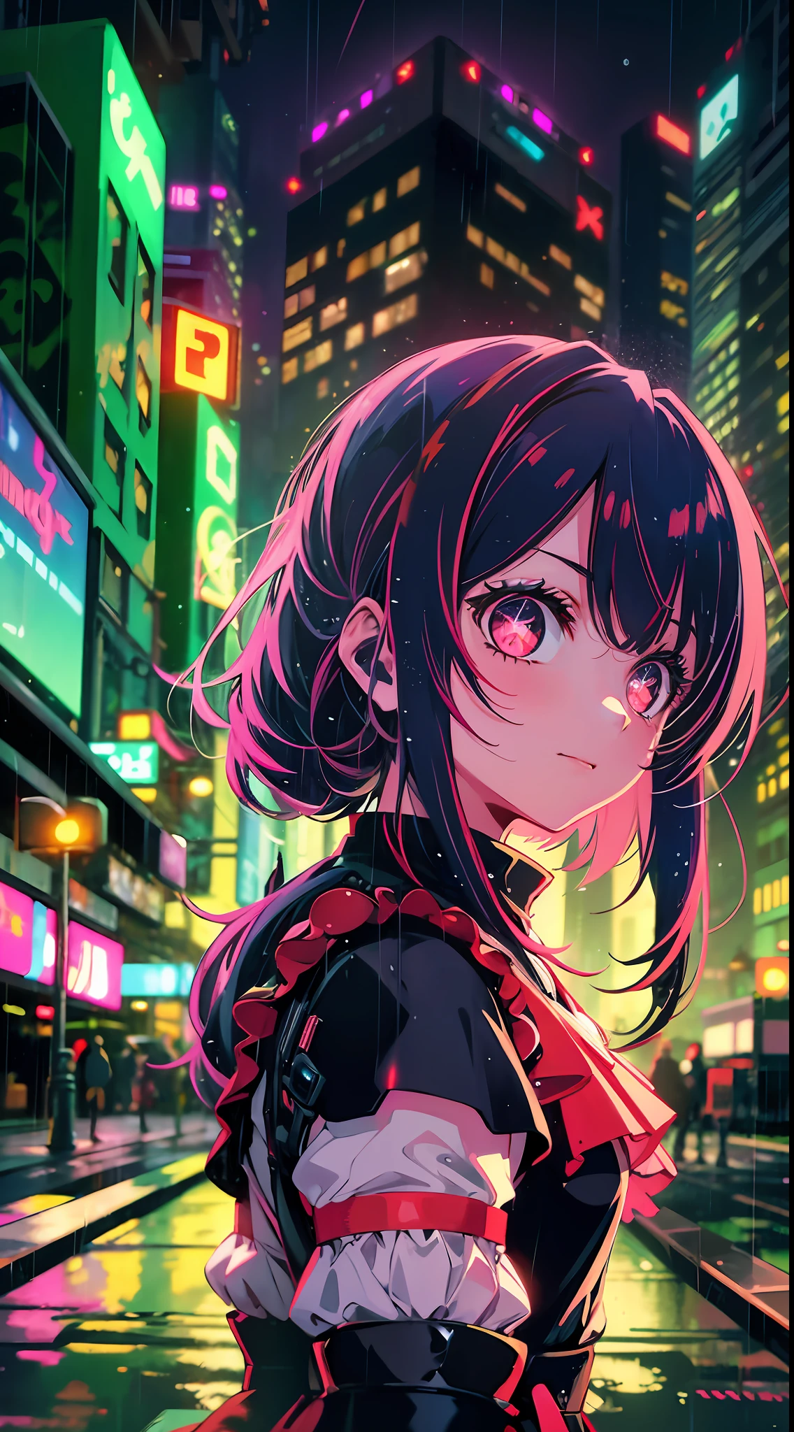 Night, colorful cyberpunk city background, rain, street, maid, , red eyes, glowing eyes, black stockings, backlight, glow, looking at the audience, low angle lens, looking up lens, perfect composition, perfect light and shadow delicate, 8k