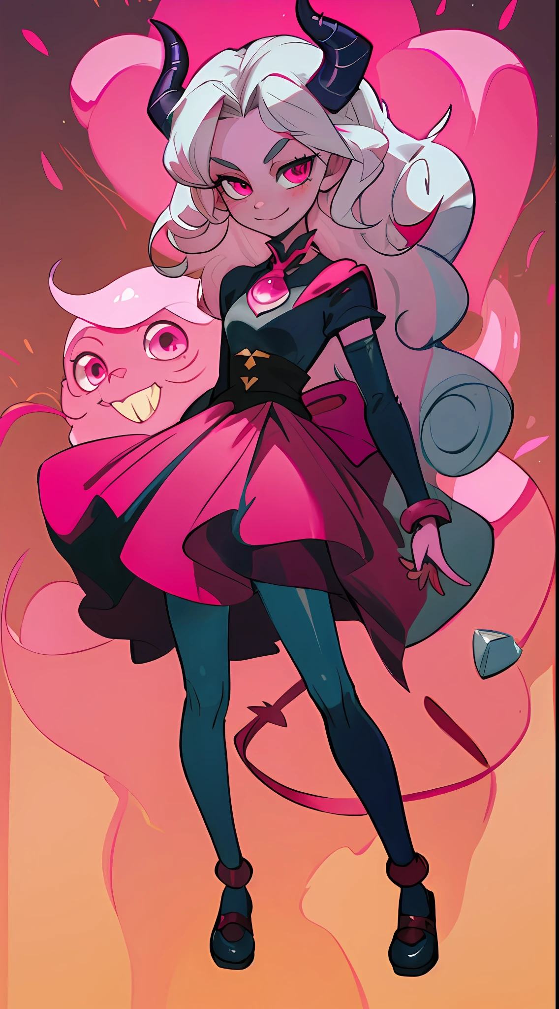 (best quality, masterpiece), 1girl, (pink skin), bold look, mischievous smile, Young, fifteen years old, tiefling, demon girls, tight curly hair, Silver hair, full body, dynamic pose, mischievous expression, wearing a skirt , high fantasy clothing, RPG aesthetics, studio ghibli, art manga, horns on the head, Anime eyes, pink skin, fuzzy tail, dungeon and dragons, tiefling