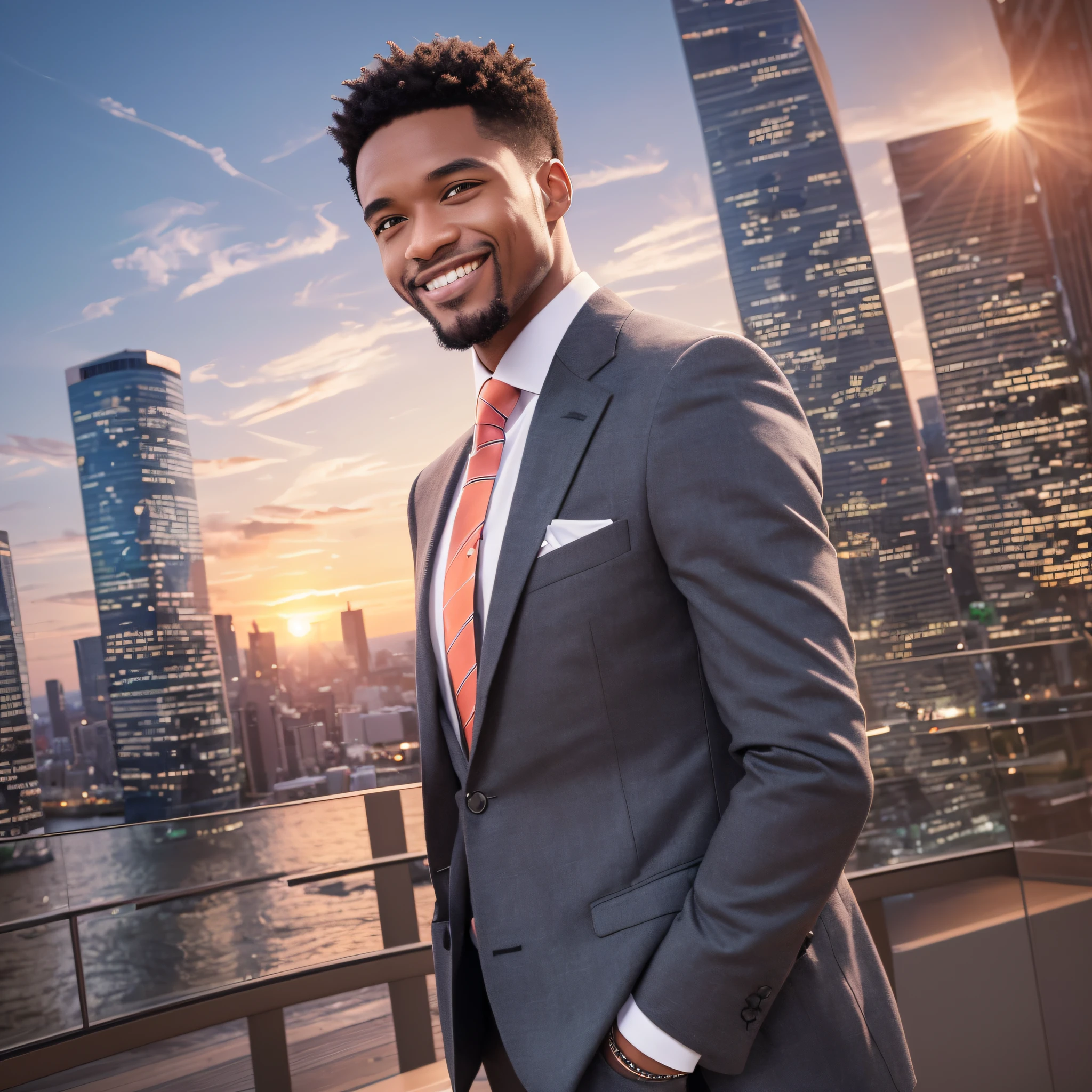 The background image can be an inspiring and motivating landscape, such as a sunset on a beach or a panoramic view of the city. In the center of the image, place an illustration of a successful person, with a confident smile and determined attitude, man in suit, black man --auto --s2