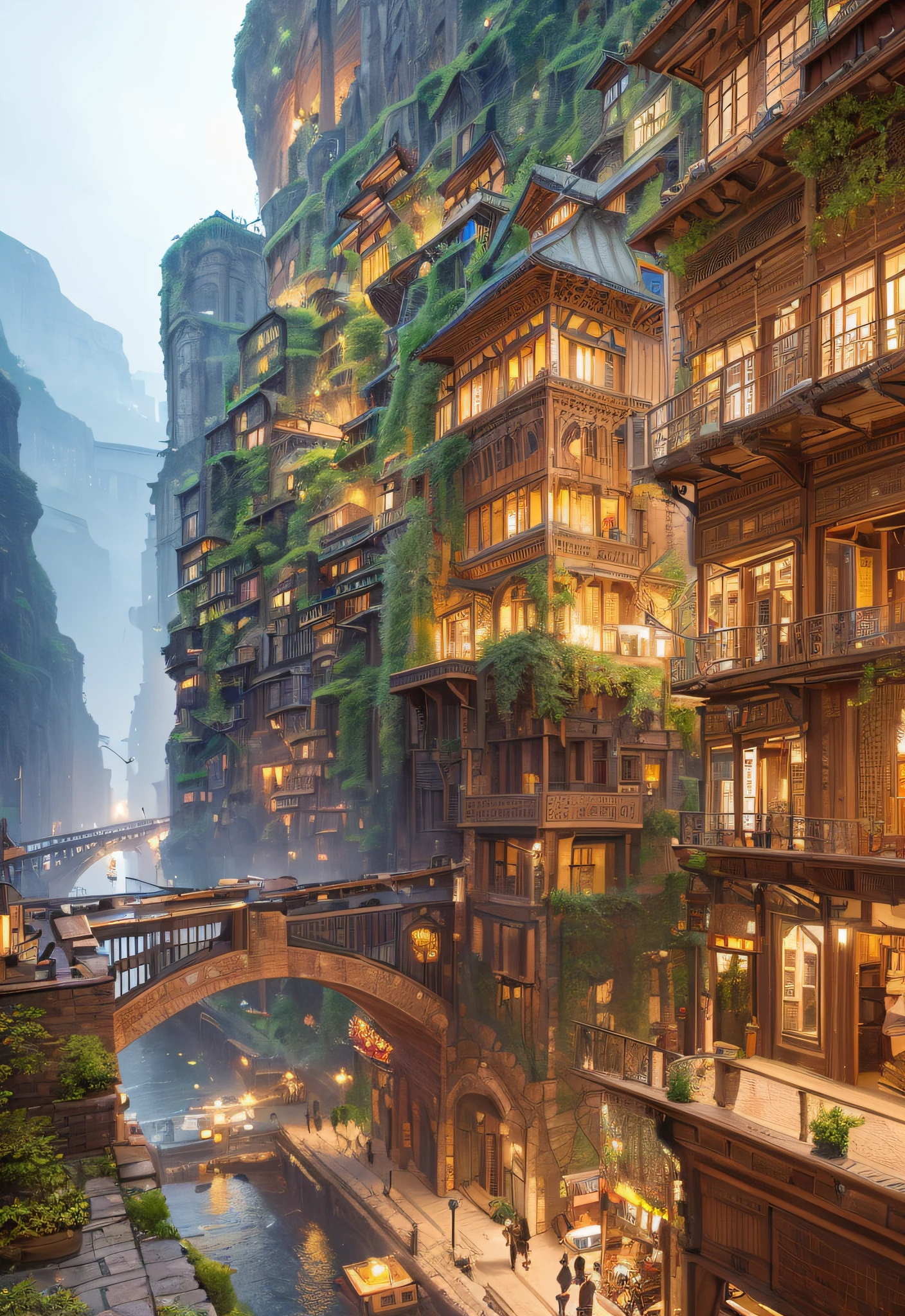 ((masterpiece)),((best quality)),((high detial)),((realistic,))
Industrial age city, deep canyons in the middle, architectural streets, bazaars, Bridges, rainy days, steampunk, European architecture