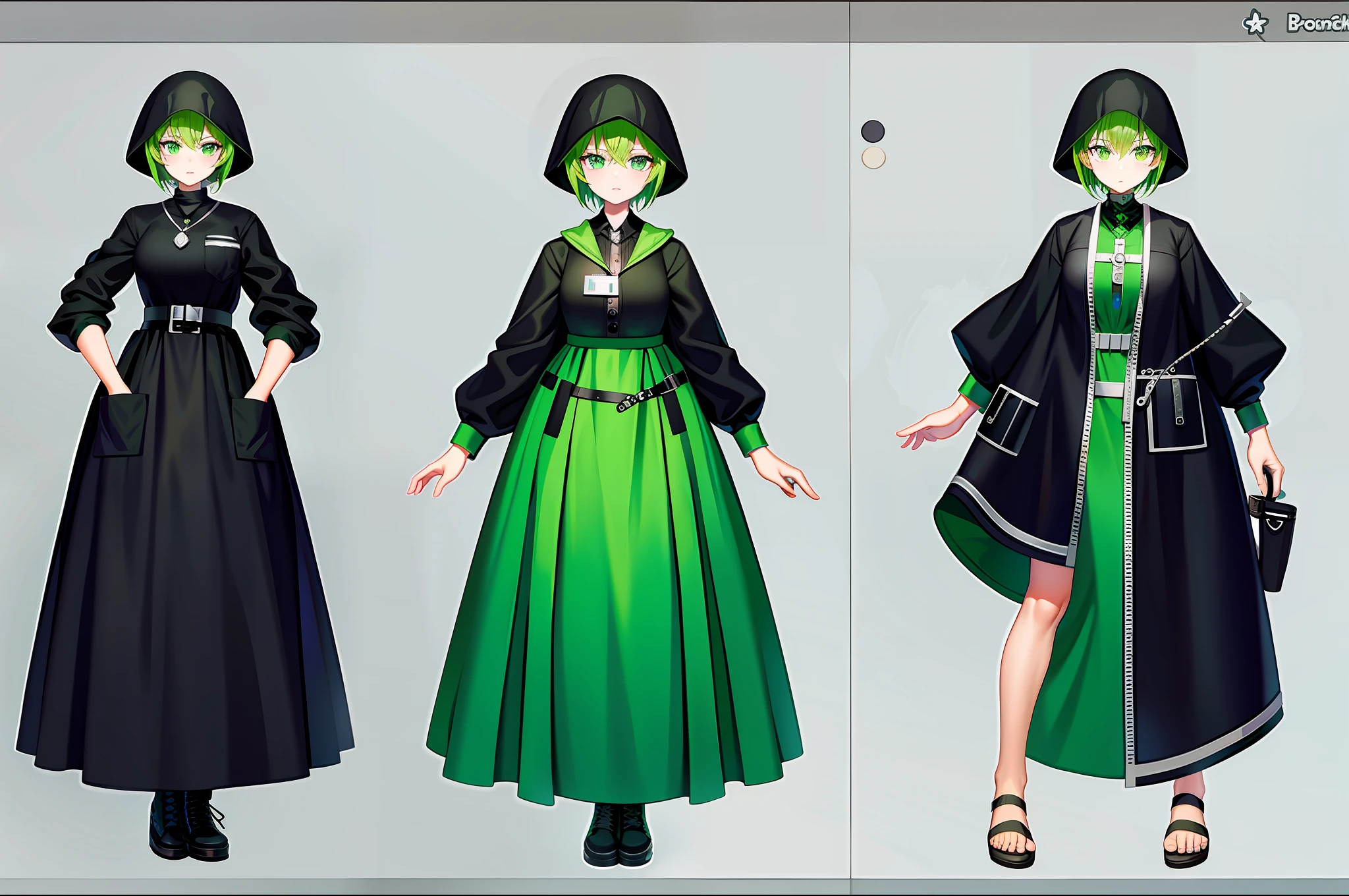 Bank robber girl with dress and poncho dress with lots of pockets green and black color scheme holding whip full body art character concept art anime character sheet wearing mask poncho