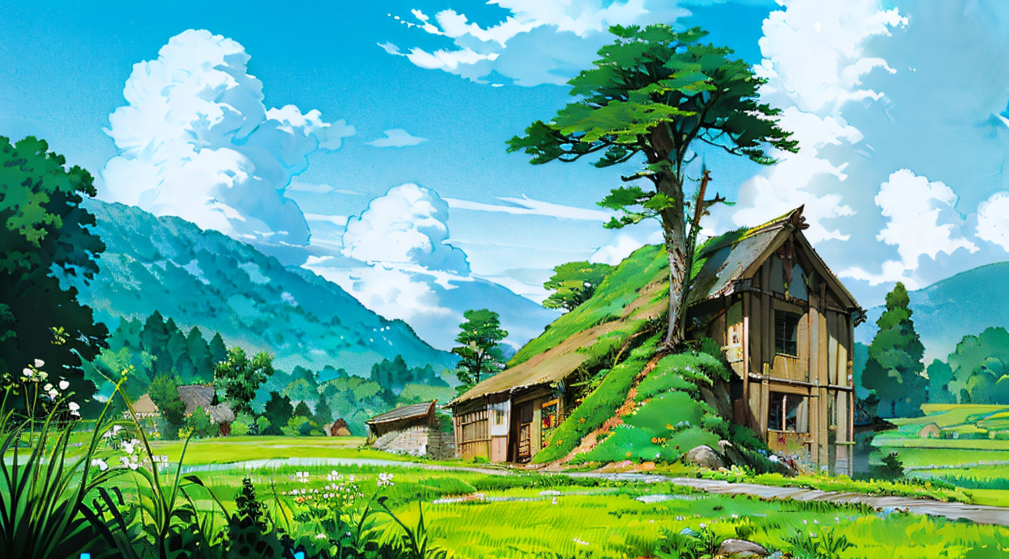 (((best quality))),single build,architecture, blue_sky, building,cloudy_sky, day, fantasy, fence, field, house, build,architecture,landscape, moss, outdoors, overgrown, path, river, road, rock, scenery, sky, sword, tower, tree, waterfall ,