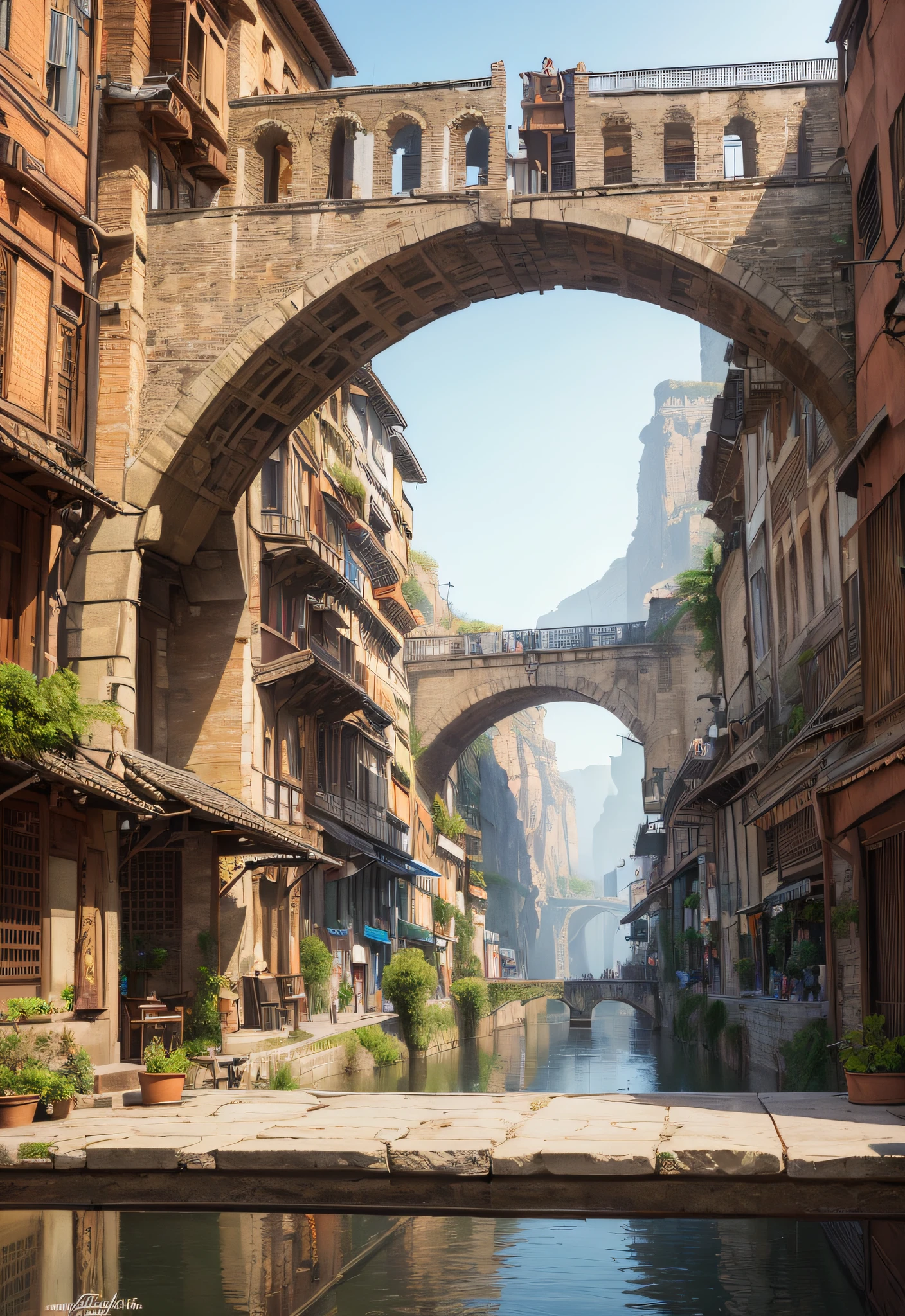 ((masterpiece)),((best quality)),((high detial)),((realistic,))
Industrial age city, deep canyons in the middle, architectural streets, bazaars, Bridges, rainy days, steampunk, European architecture