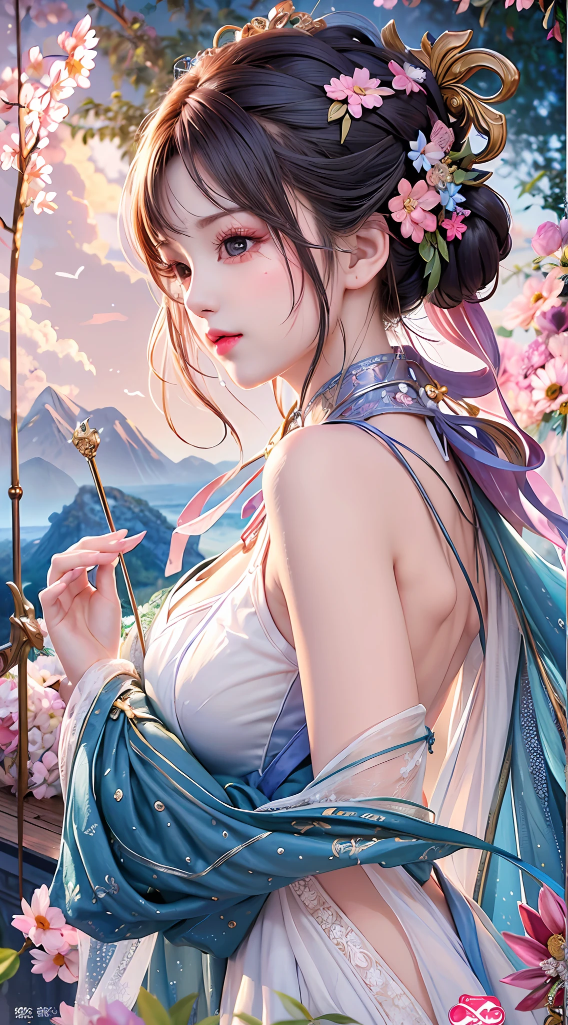 (Masterpiece, best quality, high resolution), exquisite beauty, > events, summer fashion, heroine, sweating, wet clothes, crowded, pink watermark, five-color thread on the arm, symbol in the hair, prayer for love, romantic atmosphere. There are mountains in the distance.