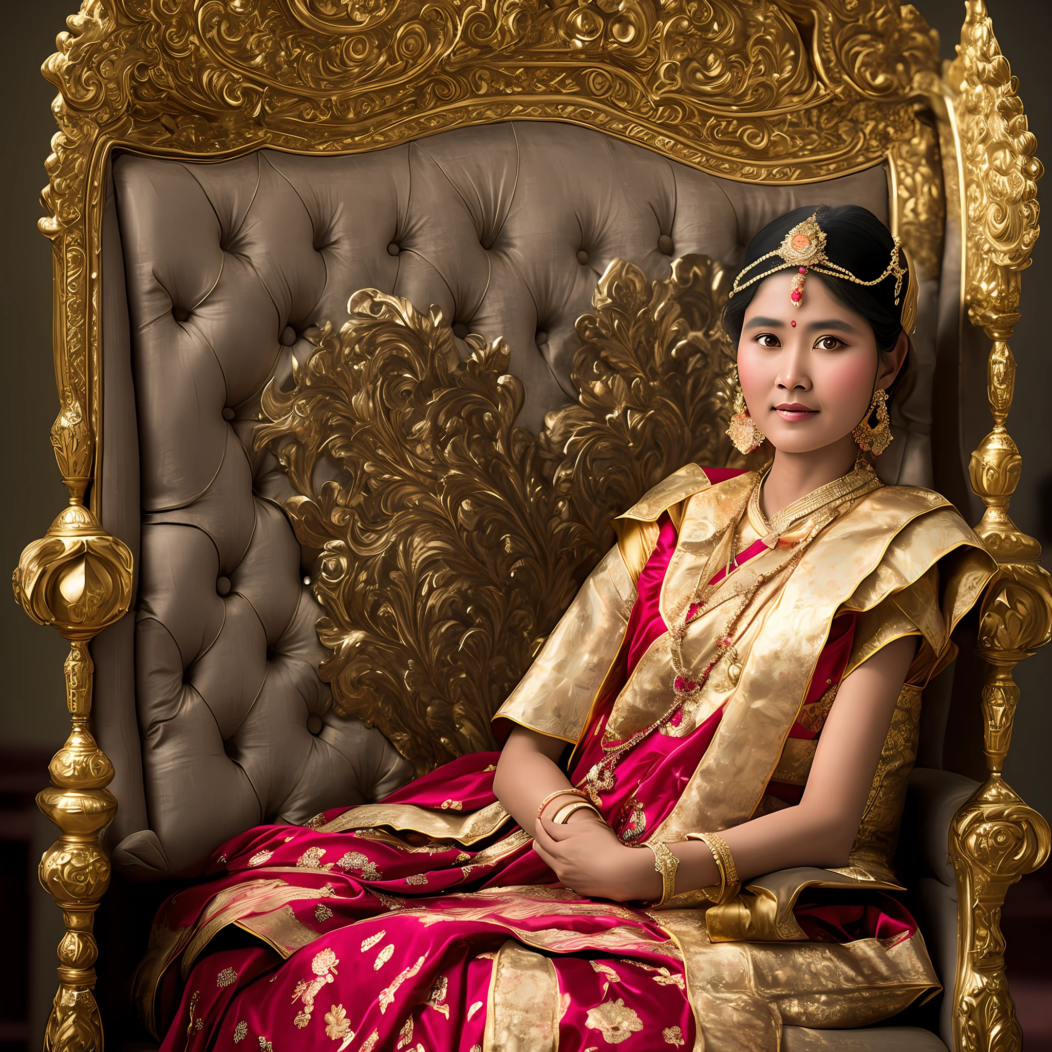Myanmar, a queen, 1880, Sufayar lat, sitting on a couch, realistic photo, high resolution, HD, ultra detail, solo, full body version,