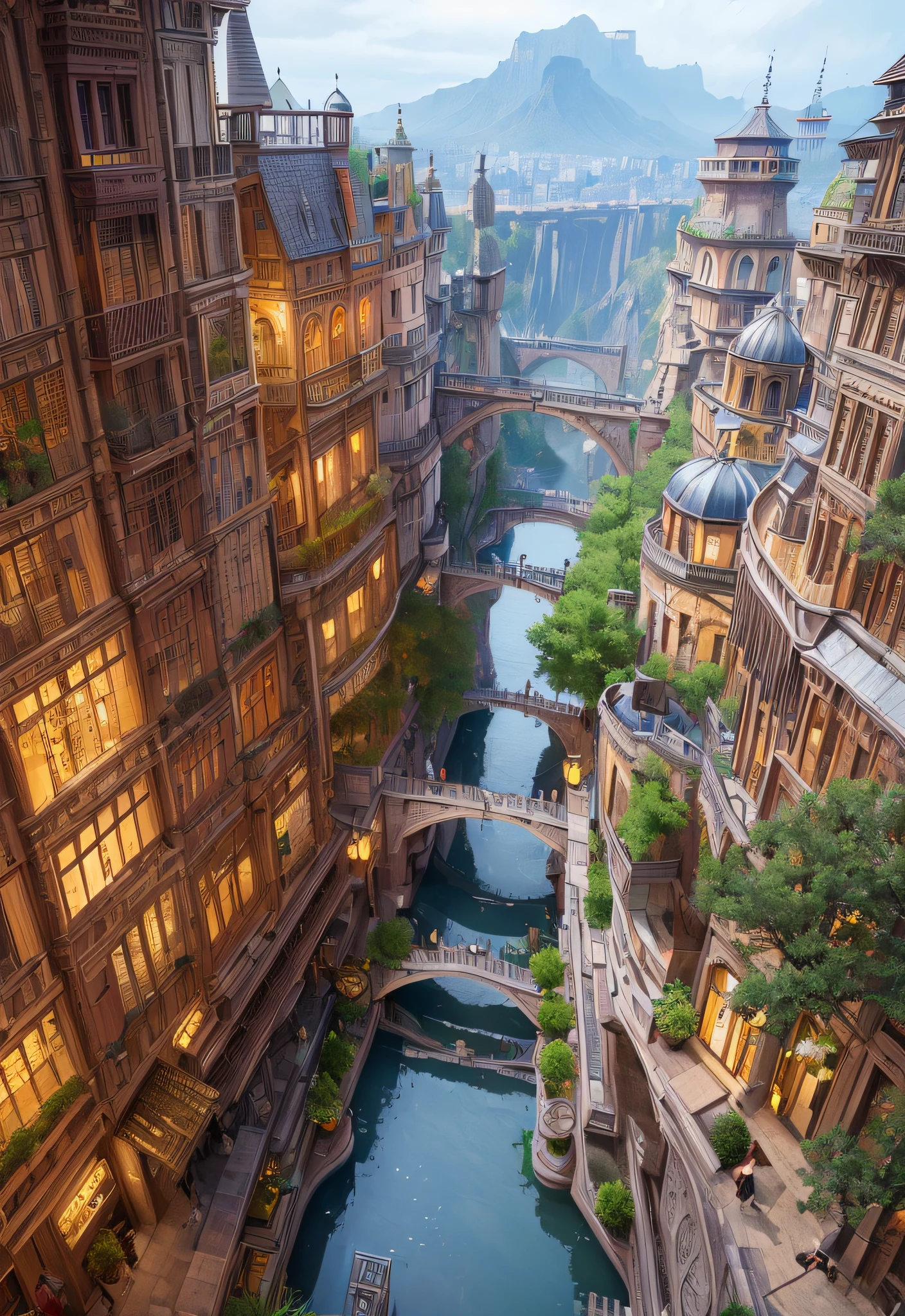 ((masterpiece)),((best quality)),((high detial)),((realistic,))
Industrial age city, deep canyons in the middle, architectural streets, bazaars, Bridges, rainy days, steampunk, European architecture