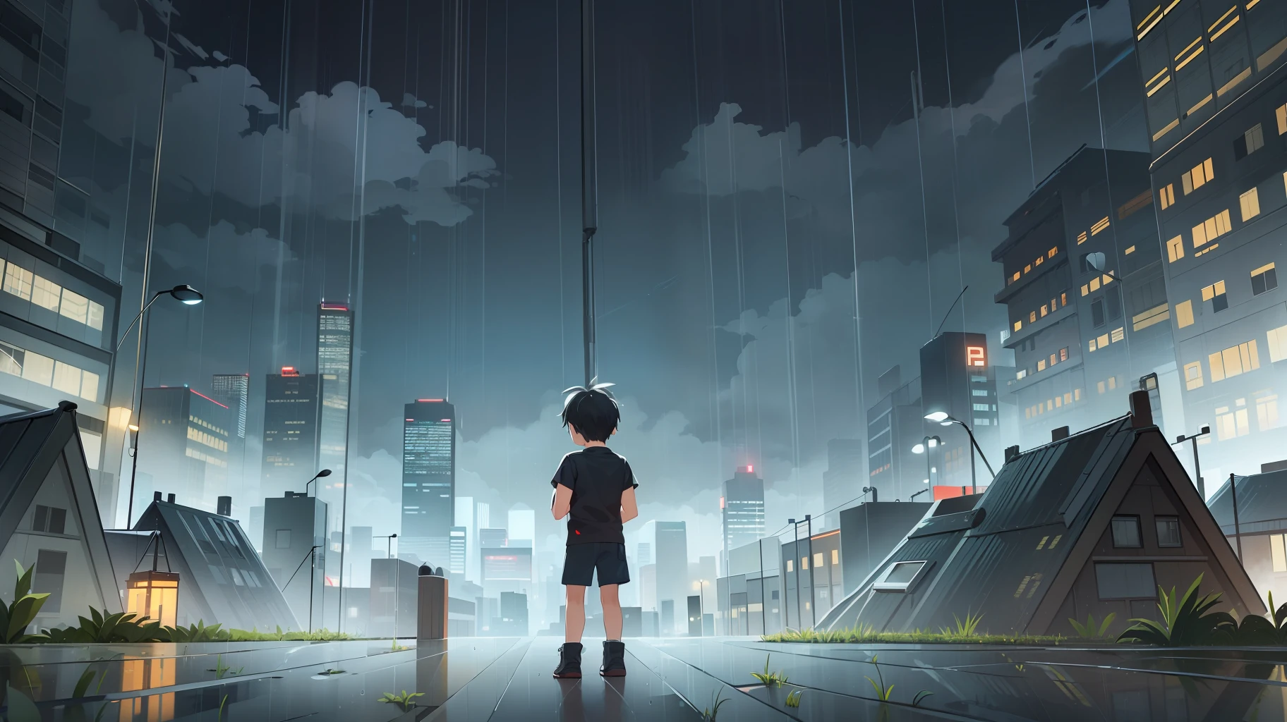 (Best Quality, Perfect Quality, Ultra High Resolution, Graphic Design, Wide Angle Lens, Rainy, Gloomy, Lonely Depressed, 1 Boy, Back, City Background)