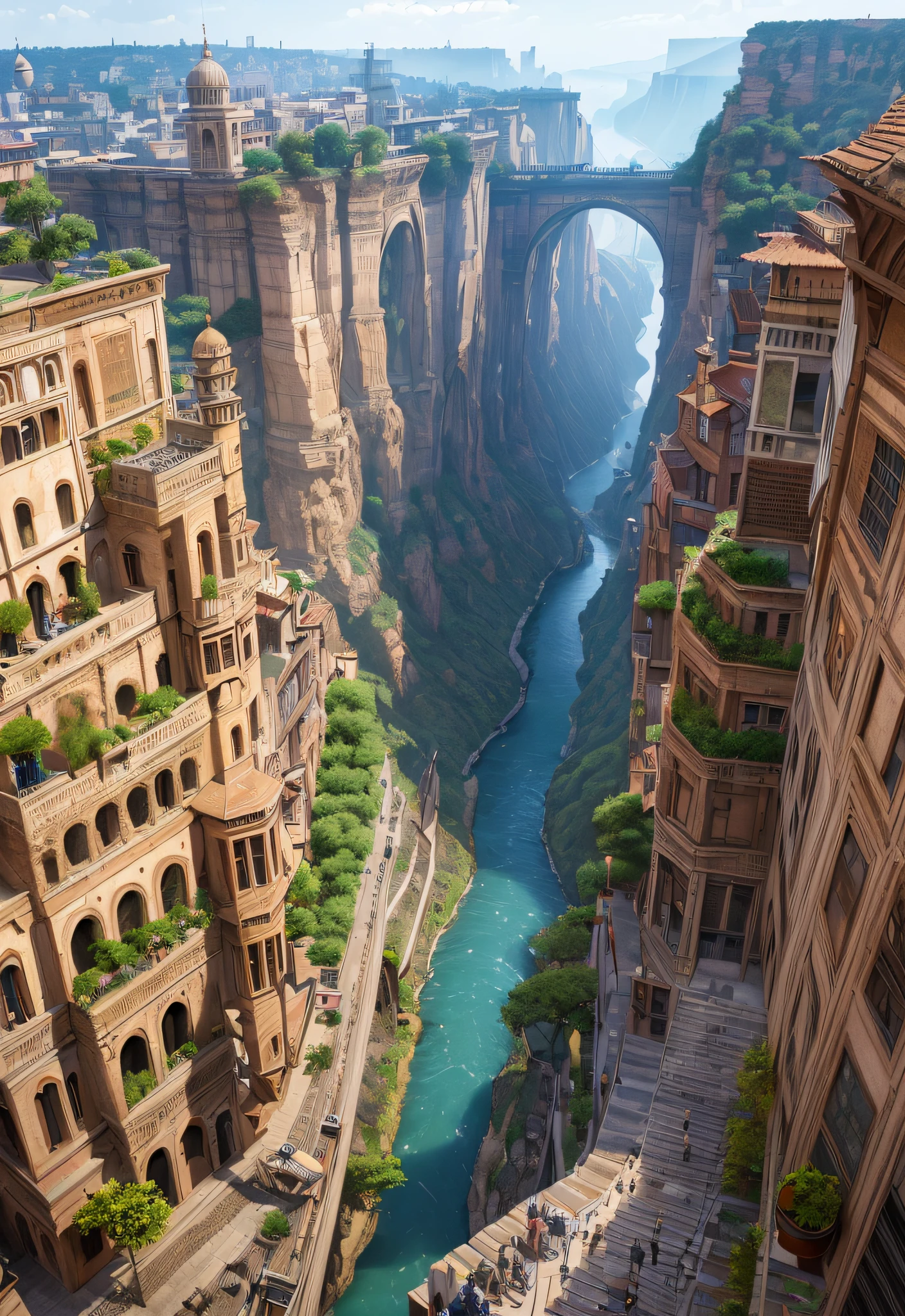 ((masterpiece)),((best quality)),((high detial)),((realistic,))
Industrial age city, deep canyons in the middle, architectural streets, bazaars, Bridges, rainy days, steampunk, European architecture