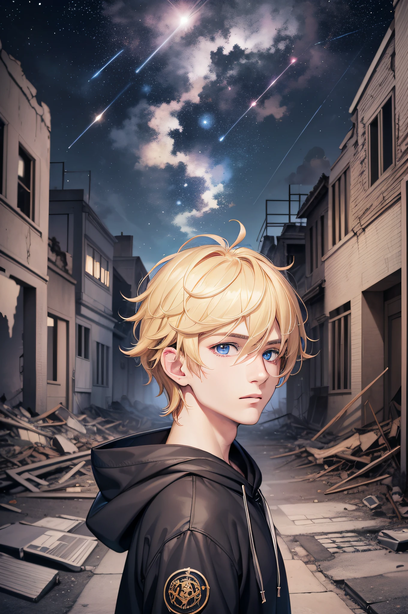 Masterpiece, high quality, absurdes, a guy, blonde hair, detailed eyes and face, blue eyes, handsome face, black hoodie, burning town ruins, abandoned suburban town, meteor shower, at night, chaos, panic, apocalyptic atmosphere