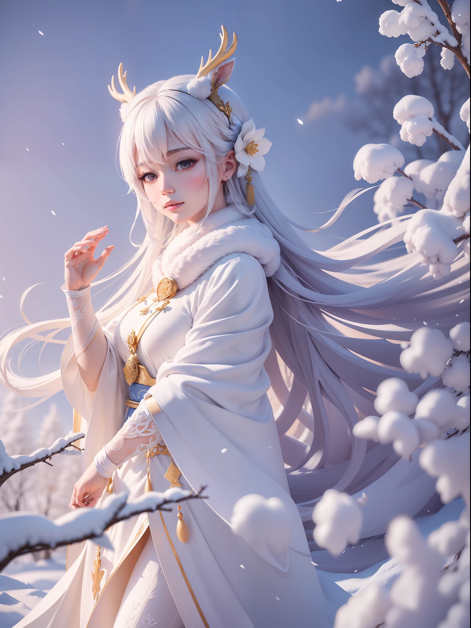 The ice and snow deer that comes leisurely, the pure white body realizes the ice and snow wonderland, Yan Jun becomes the wind, exhales white air in the transparent air, and the ethereal tree together forms a dreamy scene, high-quality CG portrays a magnificent picture, Yue Xiaofei's character design is perfect and fine, the curves are amazing, and the whole scene is more like a world away under the blessing of the depth of field effect.
