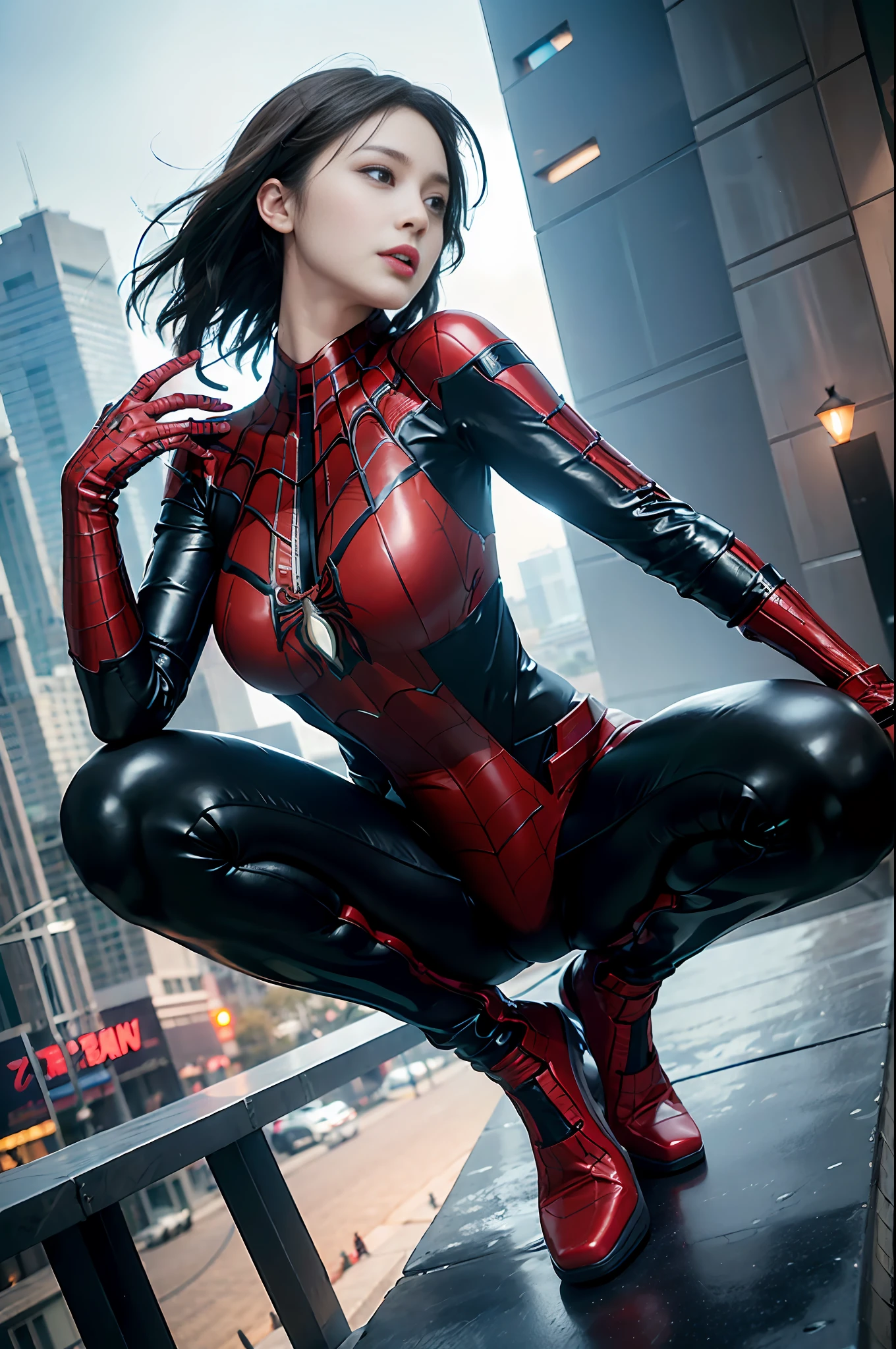 RAW, Masterpiece, Super Fine Photo,, Best Quality, Ultra High Resolution, Photorealistic, Sunlight, Full Body Portrait, Stunningly Beautiful, Dynamic Poses, Delicate Face, Vibrant Eyes, (Side View) , she is wearing a futuristic Iron Lady Spiderman costume, very detailed background, detailed face, detailed and complex busy background, messy, gorgeous, milky, high detailed skin, realistic skin details, visible pores, sharp focus, Volumetric fog, 8k uhd, dslr, high quality, film grain, fair skin, photorealism, lomography, sprawling metropolis in a futuristic dystopia, view from below, translucent