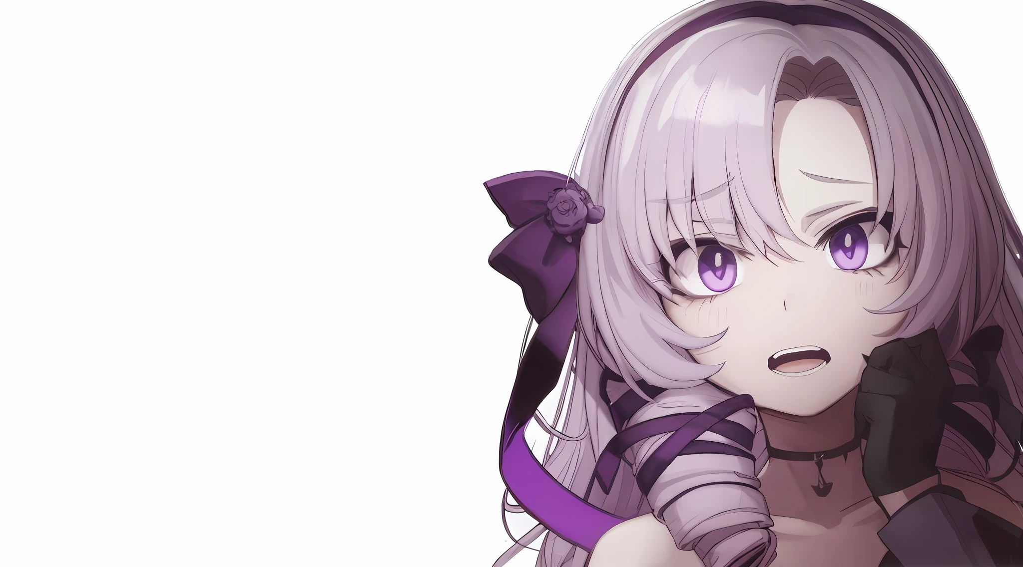 scared expression, anxious face, panic, scared, open mouth, drill hair, purple ribbon, purple eyes, lilac hair, off-shoulder