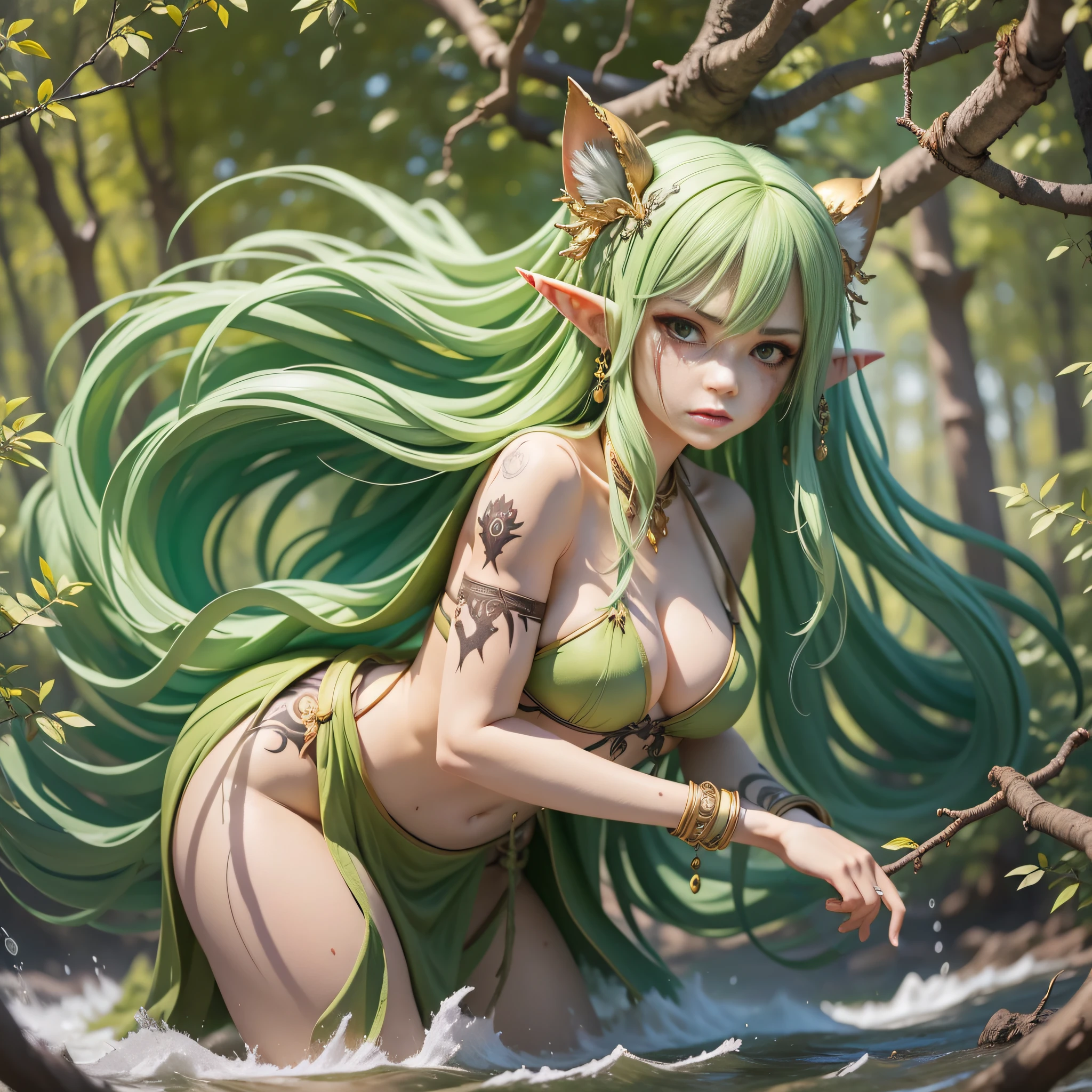 ((Best Quality)), ((Masterpiece)), (Reality)) , earth_spirit, melting_heart, bigbadejo alien_monster,, whole body, beast gaze fierce and ferocious, female elf standing on a branch, full of scars, seems to have just fought with a beast, all bruised, face with totem wounds, waves splashing, in the forest, totem, tattoo, wound, bleeding, masterpiece, 8k, --v6