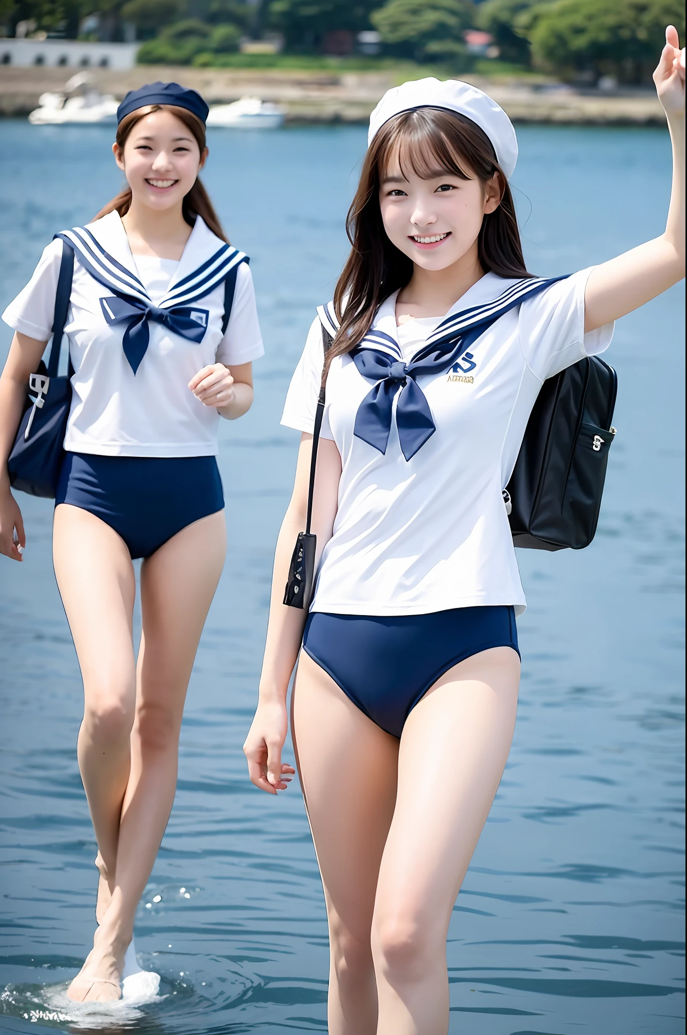 ((Girl in white high-leg school swimsuit and sailor suit top)),r,Smiling,(Boy in sailor uniform),Walking with student bag,Sunny Japan harbor