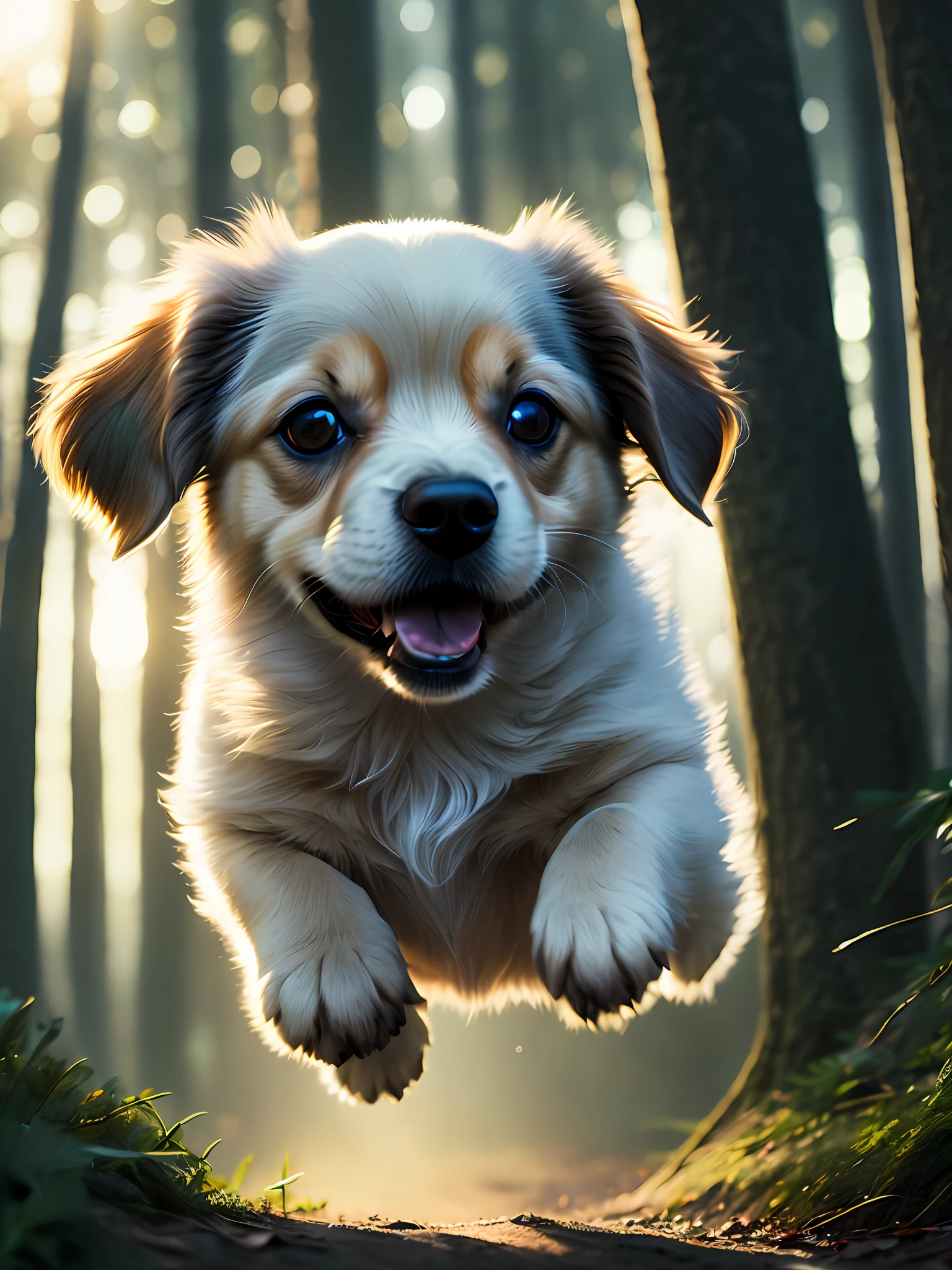 close up photo of a very cute jumping puppy in the forest, soft volumetric lights, (backlit:1.3), (cinematic:1.2), intricate details, (ArtStation:1.3), Rutkowski