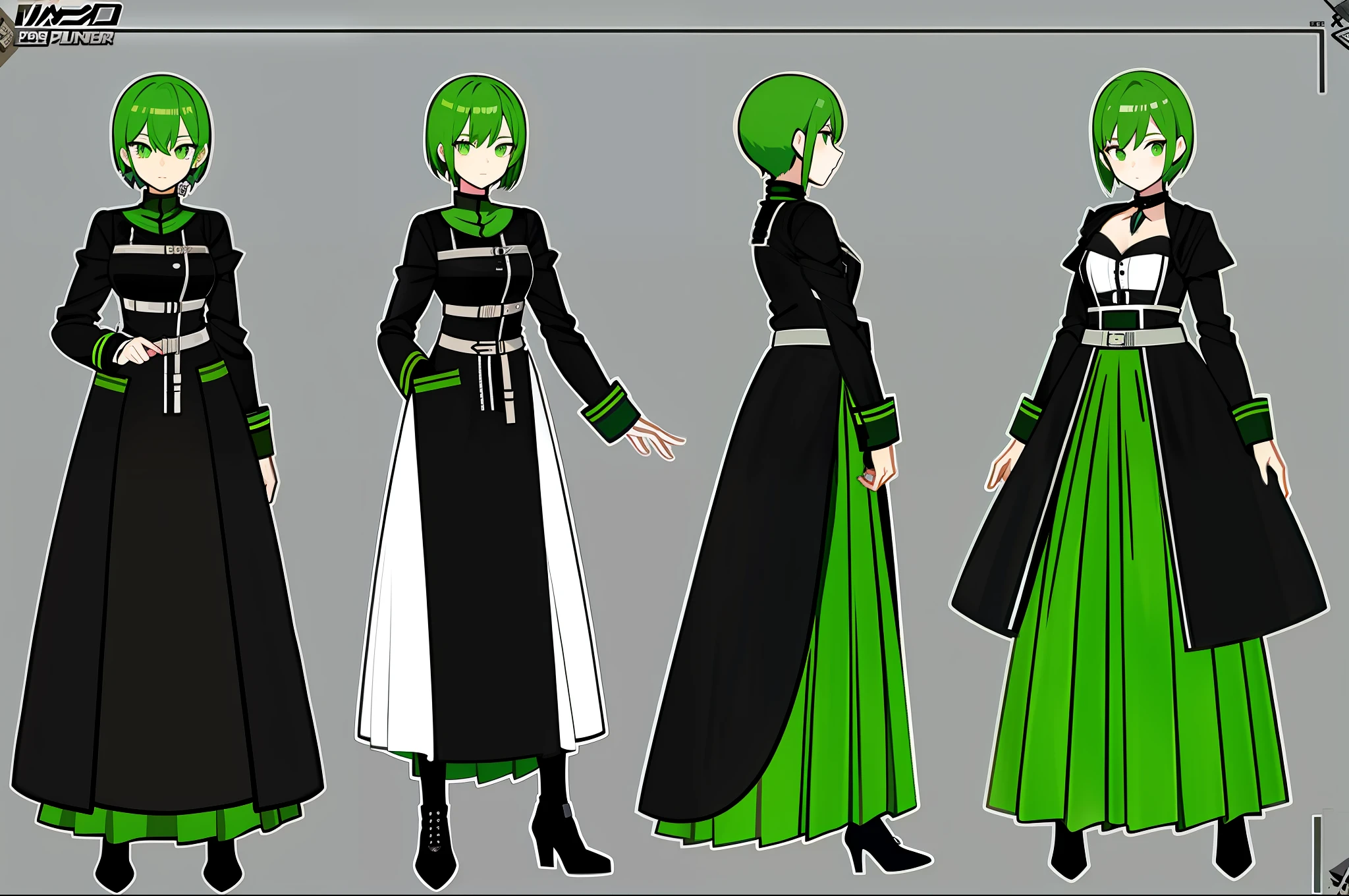 Bank robber girl with dress and poncho dress with lots of pockets green and black color scheme holding whip full body art character concept art anime character sheet wearing mask poncho magical girl