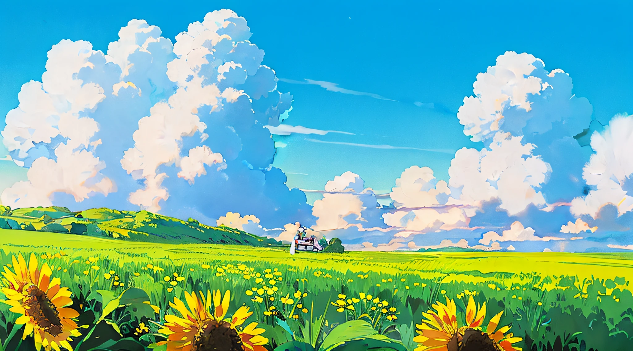 (((best quality))),blue_sky, cloud, cloudy_sky, condensation_trail, dandelion, day, field, flower, flower_field, holding_flower, horizon, kazami_yuuka, mountain, mountainous_horizon, outdoors, sky, straw_hat, summer