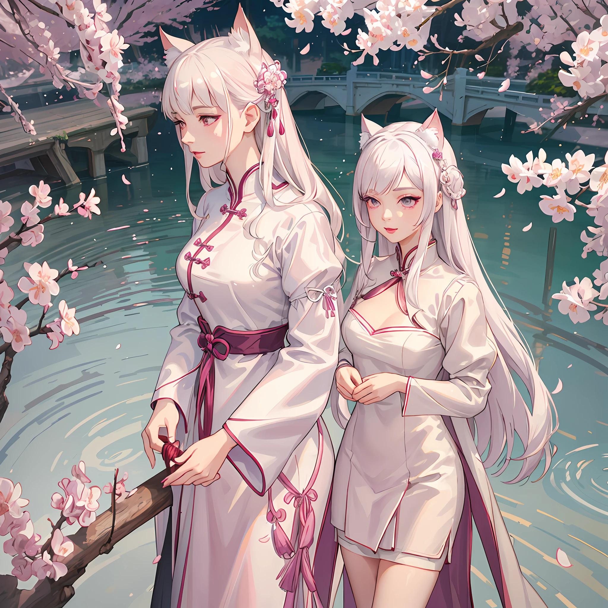 Ultra detailed woman, realistic, portrait, cinema lighting, very detailed masterpiece, lilac eyes, white eyelashes, traditional Chinese clothing wet and with tranparencies, white hair, dark lipstick, cat ears, with collar and rattle, garden scenery with rain of cherry blossoms in light pink tone, a bridge and water mirror, late afternoon rays of light faint