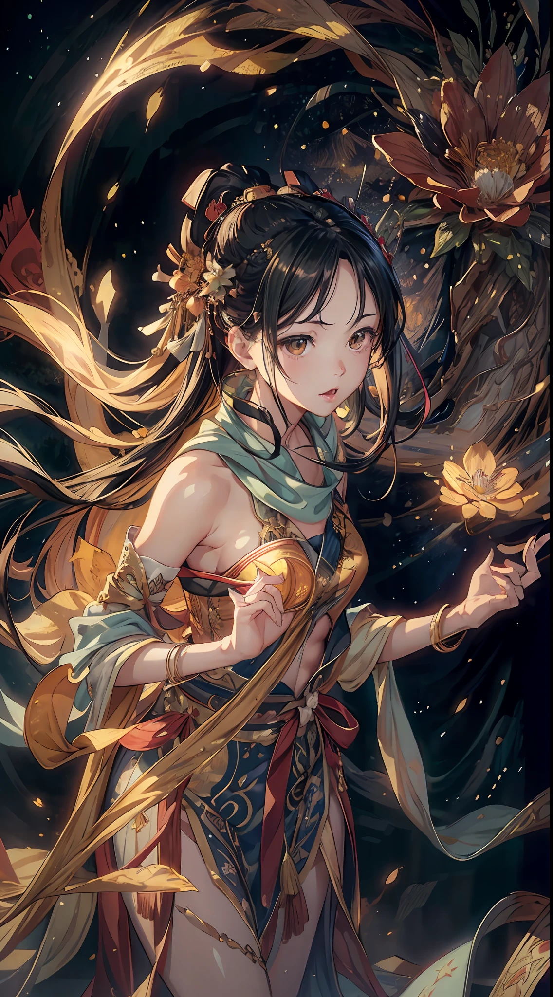 (RAW Photo, Best Quality), (Realistic, Photo Realistic: 1.3), Best Quality, Highly Detailed, Masterpiece, Ultra Detailed, Illustration, 1 Girl, upper_body, Dynamic Angle, World Mastery Theater, messy_long_hair, Best Quality, Extremely Detailed CG Unified 8k Wallpaper, Ink, Amazing, Movie Lights, lens_flare, dunhuang_style, Detailed Face, Beautiful Rendering of Tang Dynasty, (deliberate expression: 1.5), standing in a flower field, (full of stars: 1.2), (looking up at the starry sky: 1.2), fireflies, floating scarves, Sony master shots
