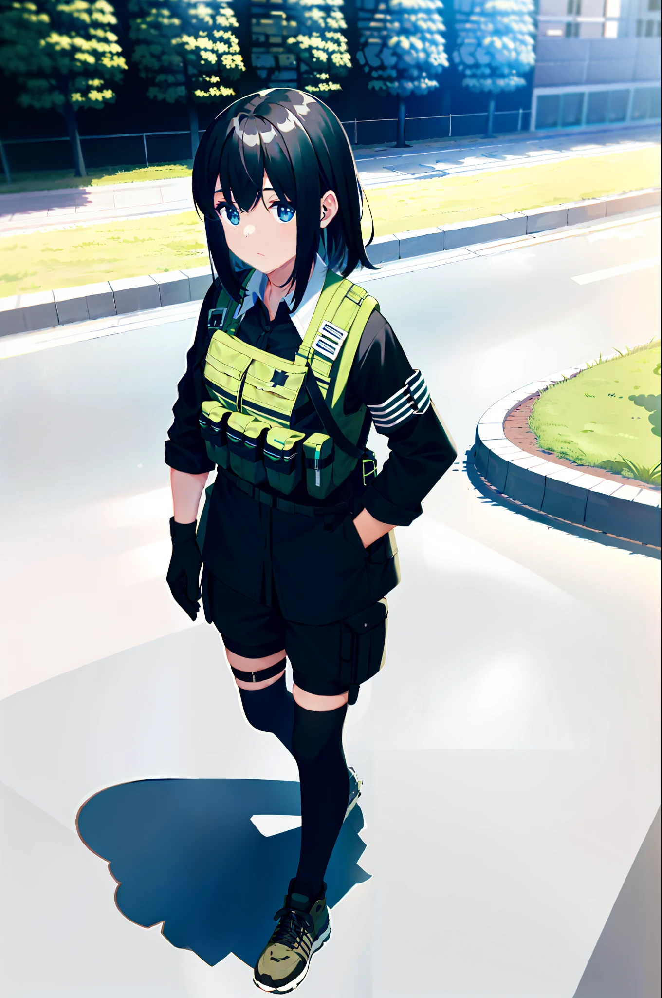 photo of a iom girl, 1girl, bangs, black hair, blue eyes, bulletproof vest, gloves, headphones, holster, looking at viewer, medium hair, military, plate carrier, tactical clothes, (black and khaki clothes),  thigh holster, thigh strap, forest, running, black backpack, outdoors,