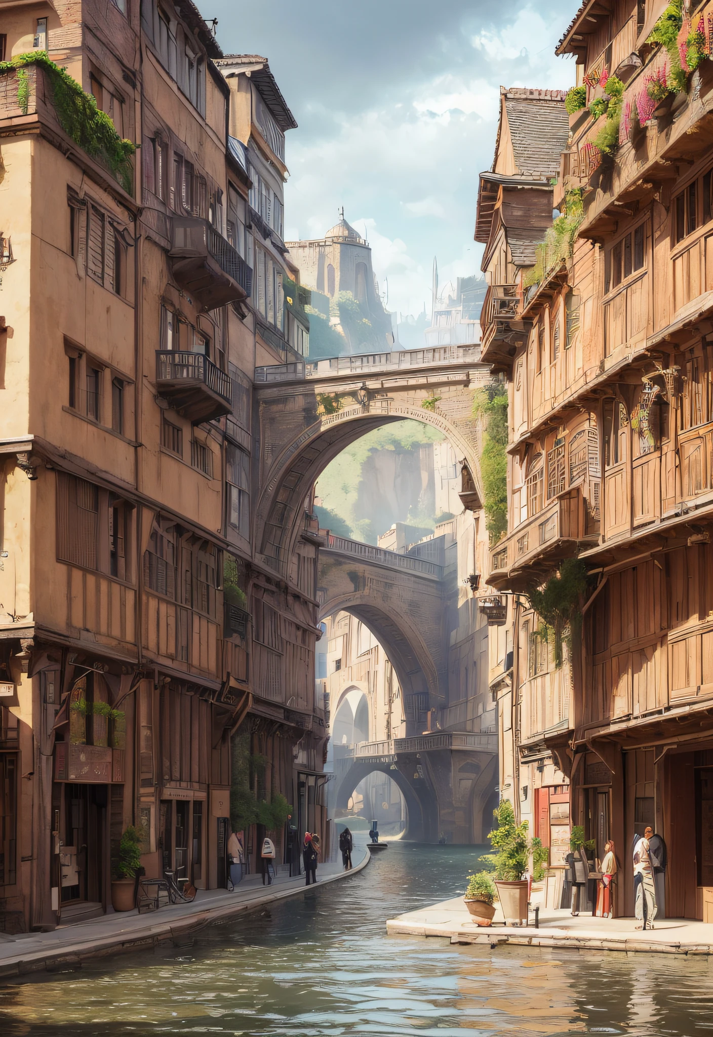 ((masterpiece)),((best quality)),((high detial)),((realistic,)) Industrial age city, deep canyons in the middle, architectural streets, bazaars, Bridges, rainy days, steampunk, European architecture