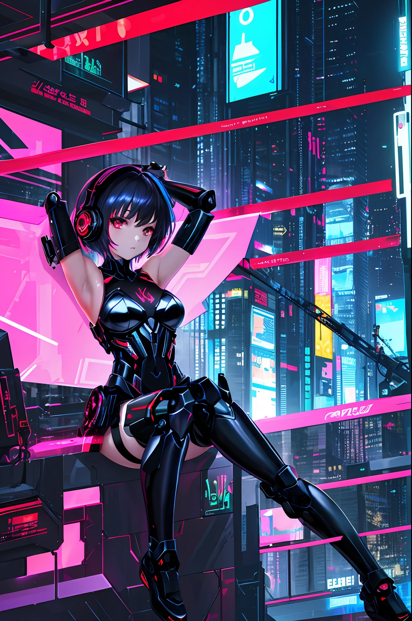 Absurdity, intricate details, highly detailed 8K wallpaper, (transcendent beautiful girl: 1.5), break, scarlet hair, short hair, (exoskeleton leotard), (red eye), break, (mechanical joints, mechanical limbs: 1.4), perfect five fingers, break, (bare shoulders and armpits), absolute area, (headphones), (black miniskirt), break, cyberpunk, dynamic angle, Neon glowing city,