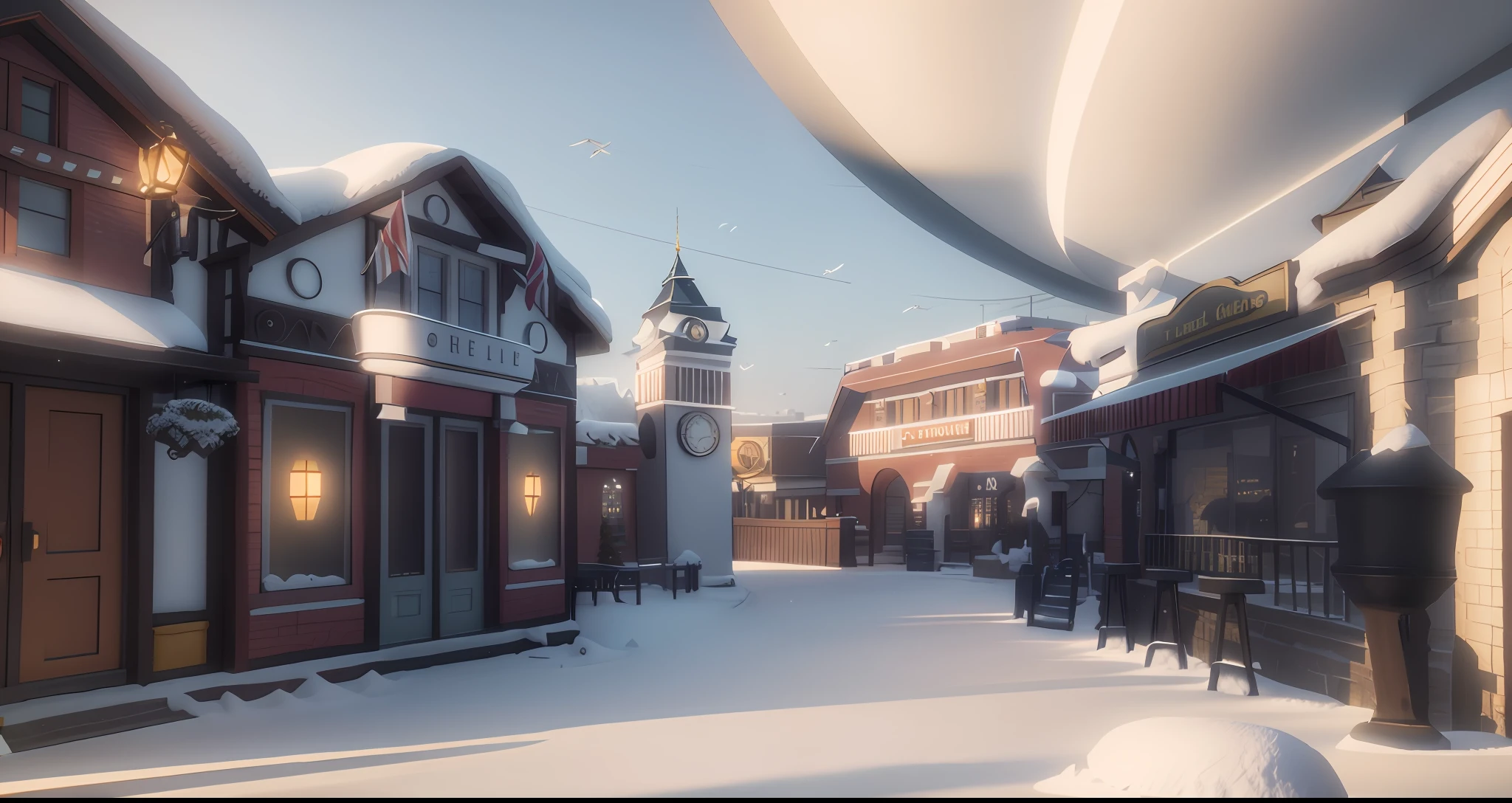 There is a cartoon image of the town with clock tower, interior, white roof, light strip, ski town shopping center, 3d environment, final rendering, 3d final rendering, Disney rendering, ray tracing 3d set design, complex detailed environment, rendering in Pixar, detailed and complex environment, detailed 3d rendering, 3d rendering model, detailed 3d rendering, 3d stylized scene
