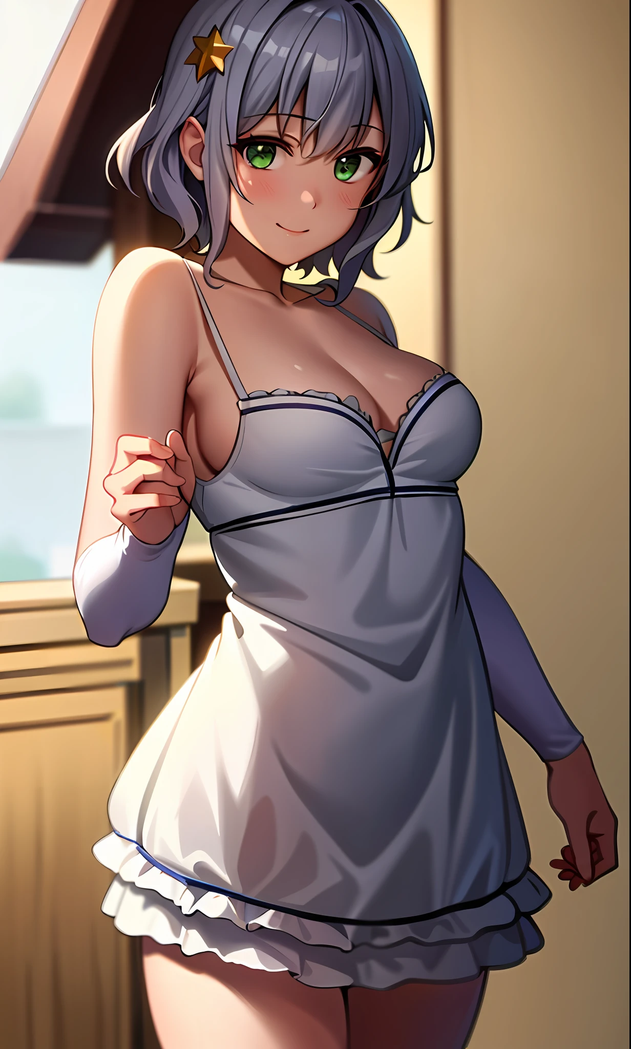Top quality, (Masterpiece: 1.2), Very detailed, Own room, 1 girl, Solo, (muse), smile, watch the viewer, gray hair, circle of angels, short hair, hair ornament, green eyes, light in the eyes, white underwear, in the middle of dressing, realistic, from the knees up, glowing skin, fair skin, (medium breasts) ultra-realistic, realistic, photorealistic, portrait, blur,