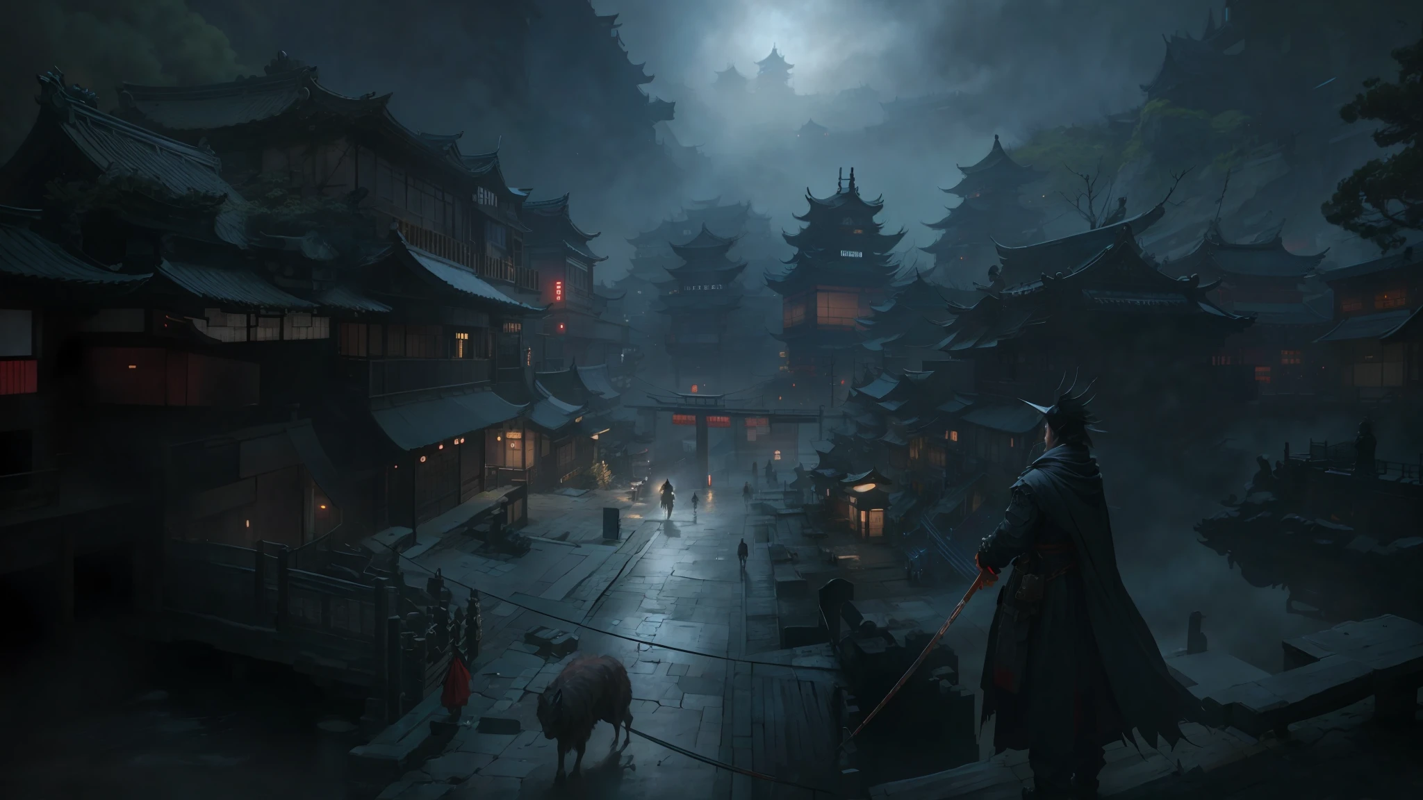 anime - style scene of a street with a man in a cloak, ghost of tsushima, traditional japanese concept art, dreamy chinese town, ancient chinese town, sekiro in bloodborne world, cyberpunk chinese temple, 4 k resolution concept art, chinese city, 4k concept art, 4 k concept art, feng zhu concept art, concept art stunning atmosphere