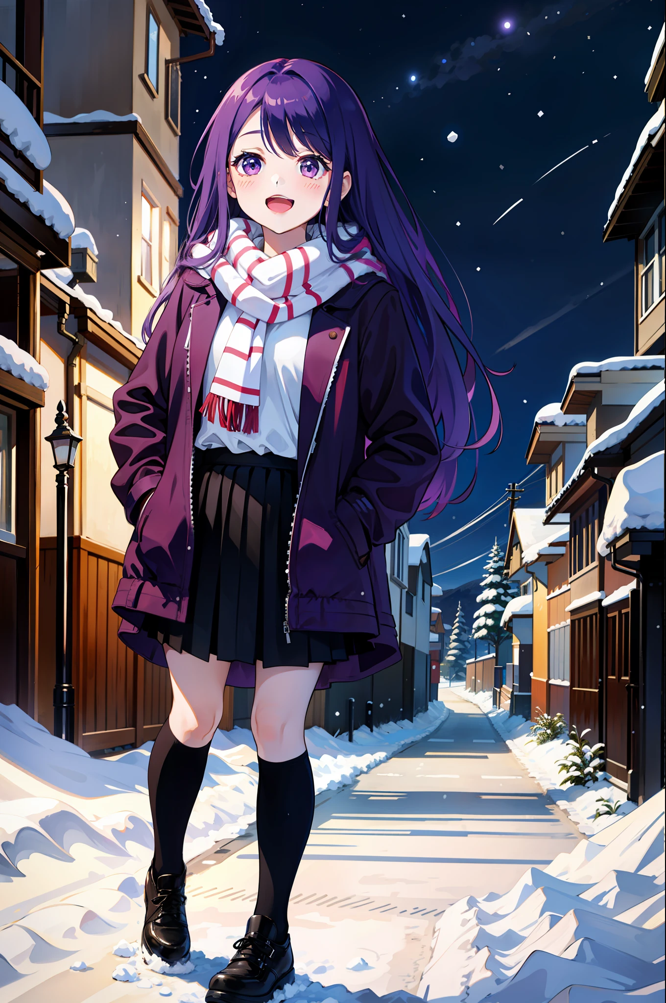 upper body, Nagisa Kubo, 1girl, red scarf, purple hair, snow, purple eyes, outdoors, looking at the viewer, night, starry sky, christmas, snowing, smile, open mouth, hands in pockets, winter, black coat, skirt, fringe, construction, white skirt, yellow scarf, blush, jacket, standing, :d, sideways, pleated skirt, long sleeves,, (masterpiece:1.2), highres, best quality, 8k, very clear,