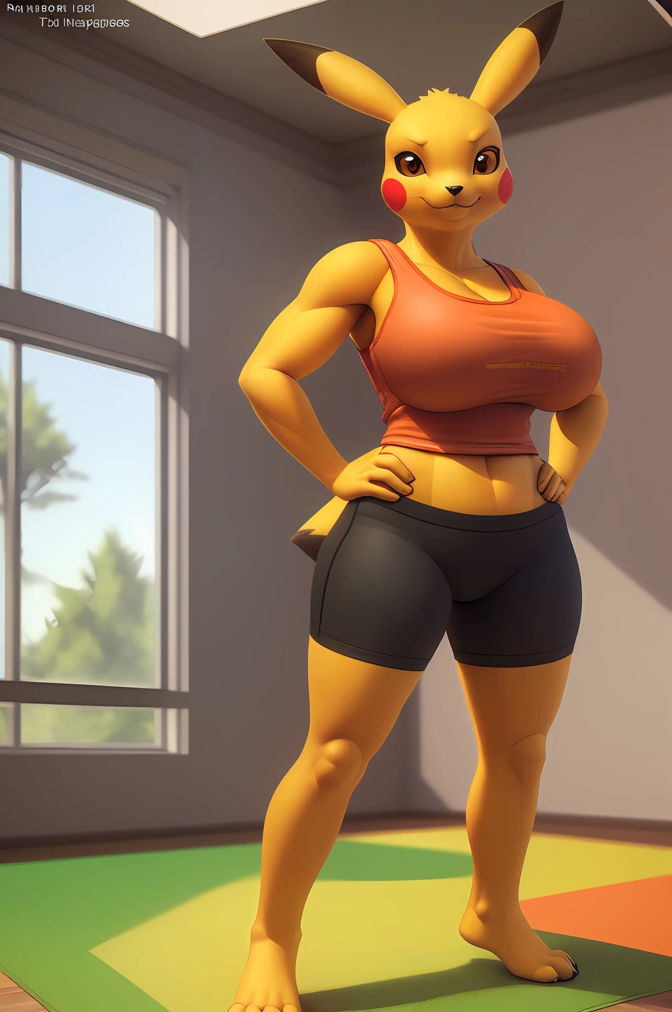 [pikachu], [Uploaded to e621.net; (Pixelsketcher), (napalm_express), (twistedterra)], ((masterpiece)), ((solo portrait)), ((furry; anthro)), ((raytracing)), ((detailed shading)), ((beautiful 3D art)), {anthro; (yellow fur, black nose, pointed pikachu ears, red pikachu cheeks, yellow thunderbolt tail), brown eyes, (smug smile; thin eyebrows), (orange tank top, large boobs, black yoga shorts), (beautiful feet; toeless socks)}, ((standing; hands on hips), dynamic pose), [background; open room; (wrestling mat, (window; daytime, trees)]