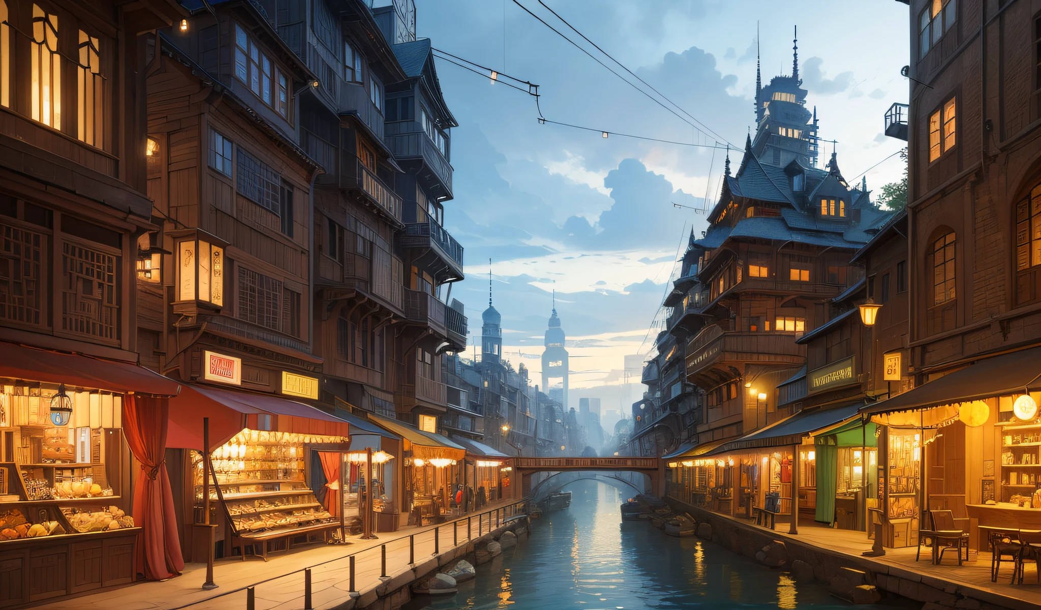 ((masterpiece)),((best quality)),((high detial)),((realistic,)) Industrial age city, deep canyons in the middle, architectural streets, bazaars, Bridges, rainy days, steampunk, European architecture