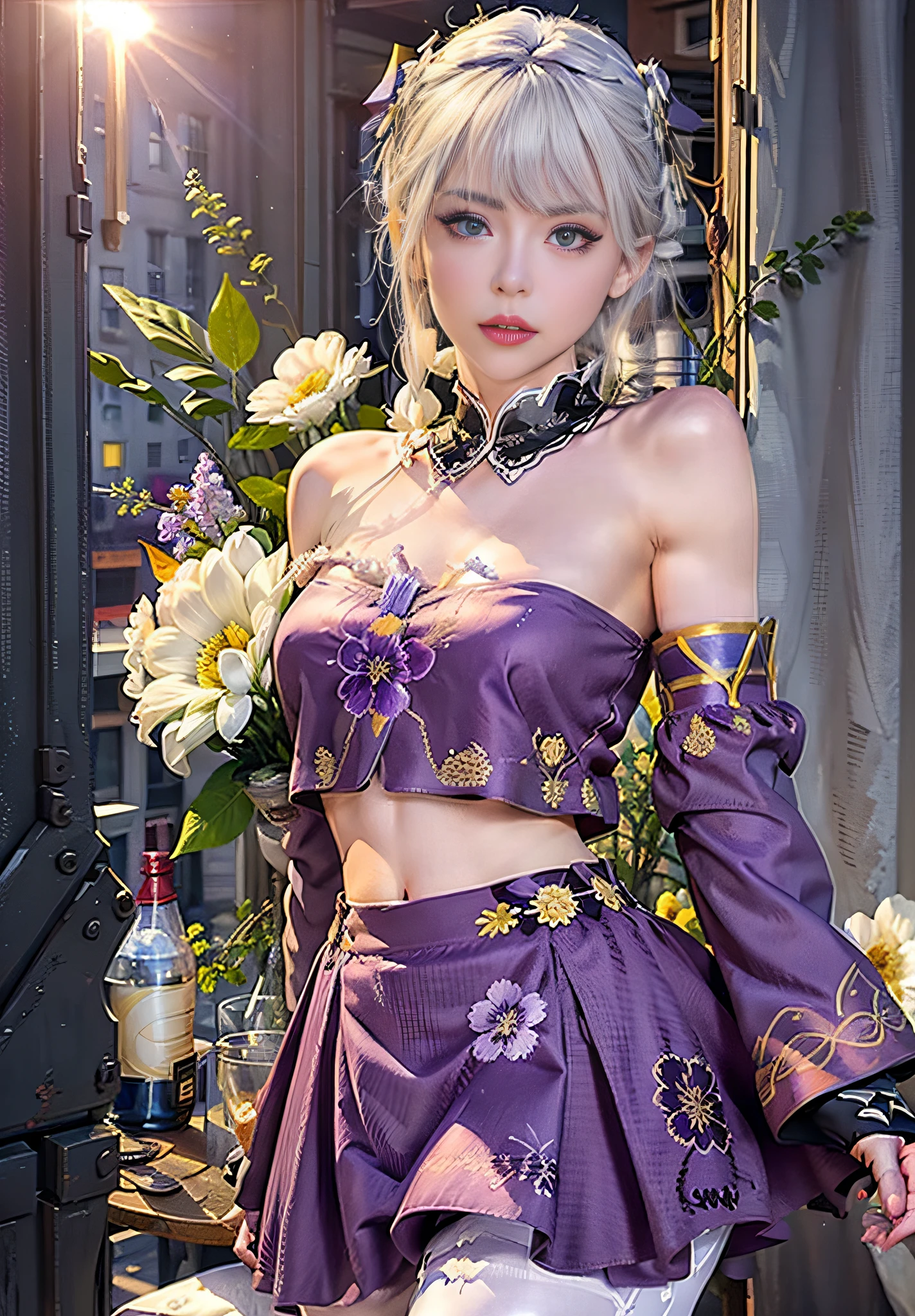 Realistic, 1girl, white hair, purple eyes, glowing eyes, cropped top, skirt, parted lips, blush, night, flowers, sun, sunlight, full body photo, tights