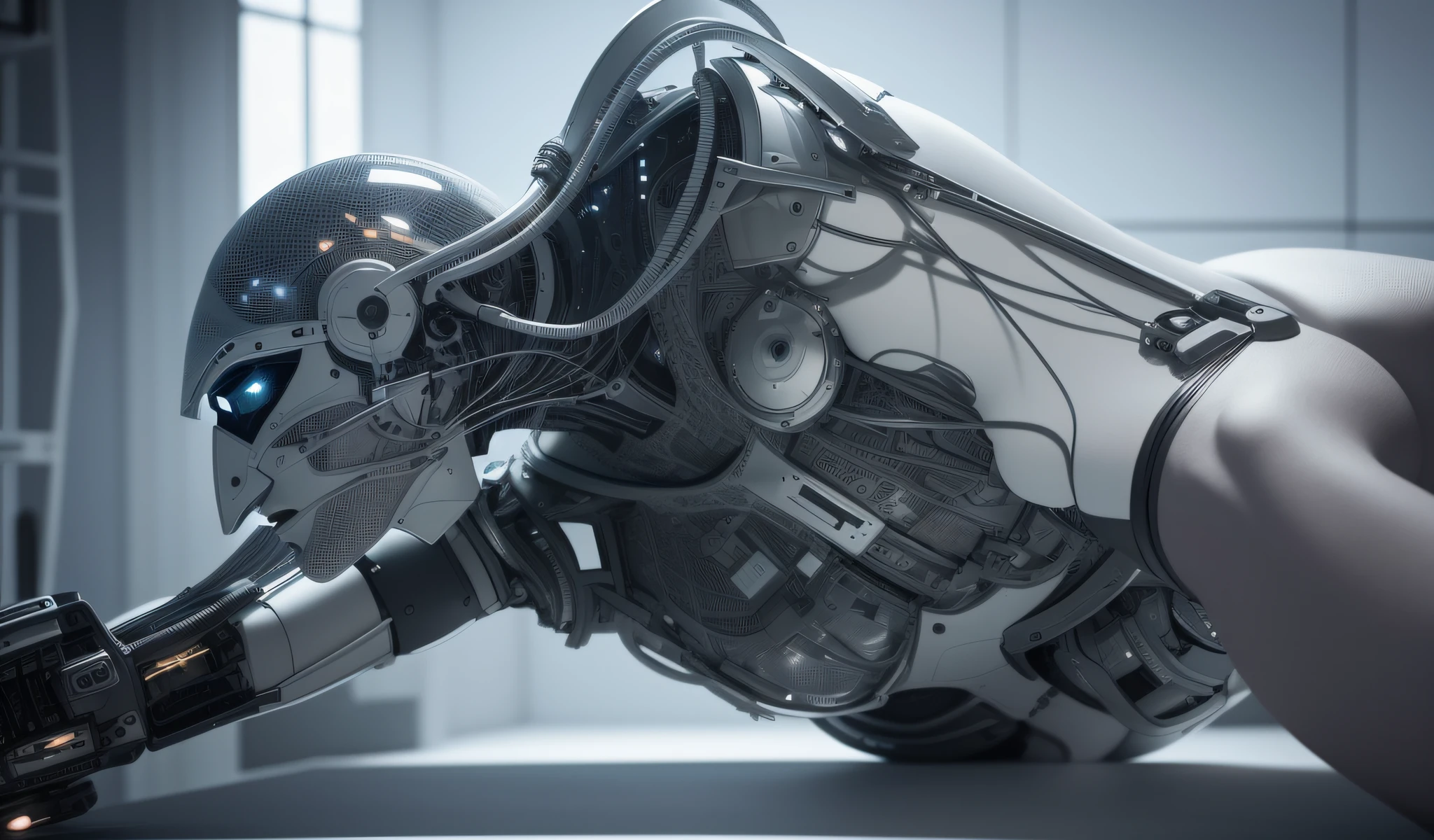 complex 3d render ultra detailed of a beautiful porcelain profile woman android face, cyborg, robotic parts, 150 mm, beautiful studio soft light, rim light, vibrant details, luxurious cyberpunk, lace, hyperrealistic, anatomical, facial muscles, cable electric wires, microchip, elegant, beautiful background, octane render, H. R. Giger style, 8k, best quality, masterpiece, illustration, an extremely delicate and beautiful, extremely detailed ,CG ,unity ,wallpaper, (realistic, photo-realistic:1.37),Amazing, finely detail, masterpiece,best quality,official art, extremely detailed CG unity 8k wallpaper, absurdres, incredibly absurdres, robot, silver halmet, full body, sitting