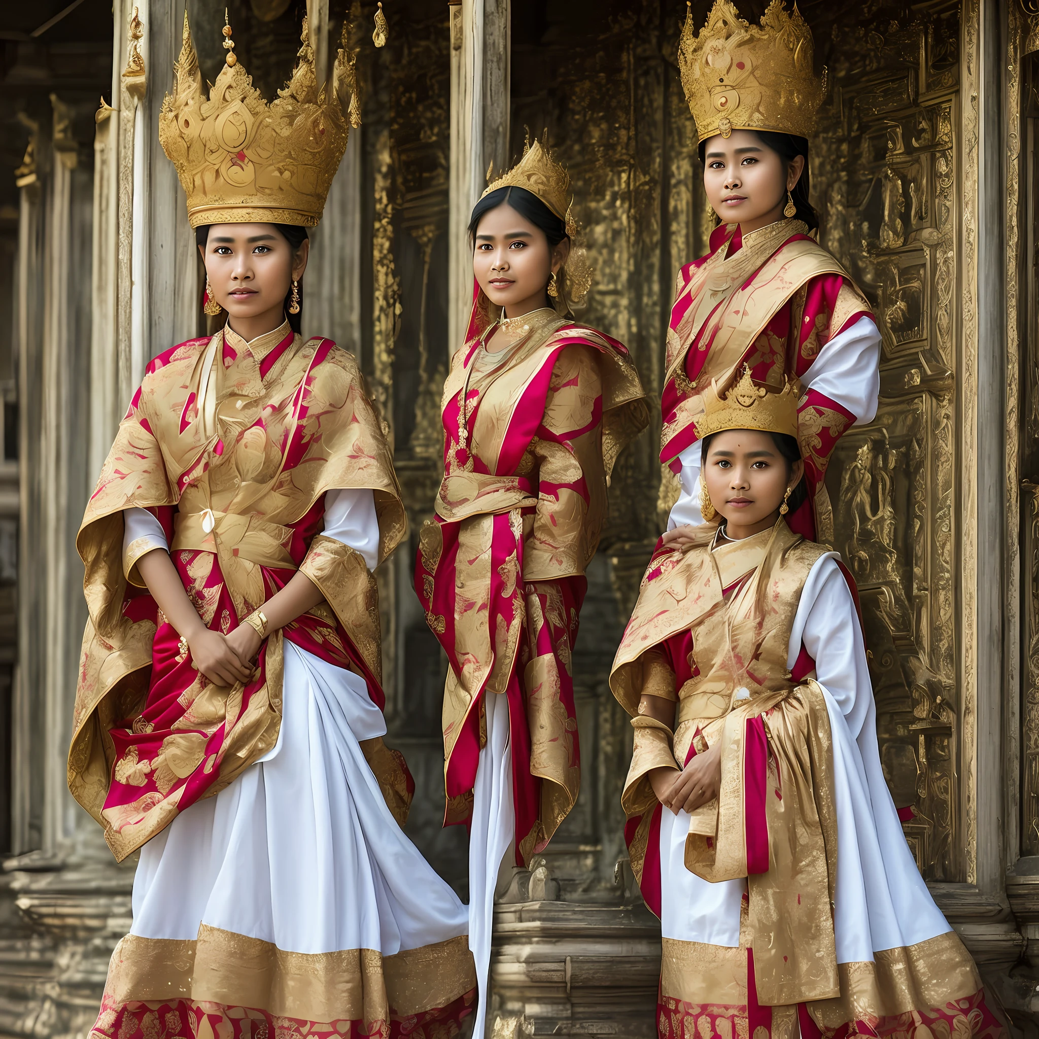 Myanmar, a queen, 1880, Sufayar lat, standing in front of Palace, with her maiden, realistic photo, high resolution, HD, ultra detail, solo, full body version