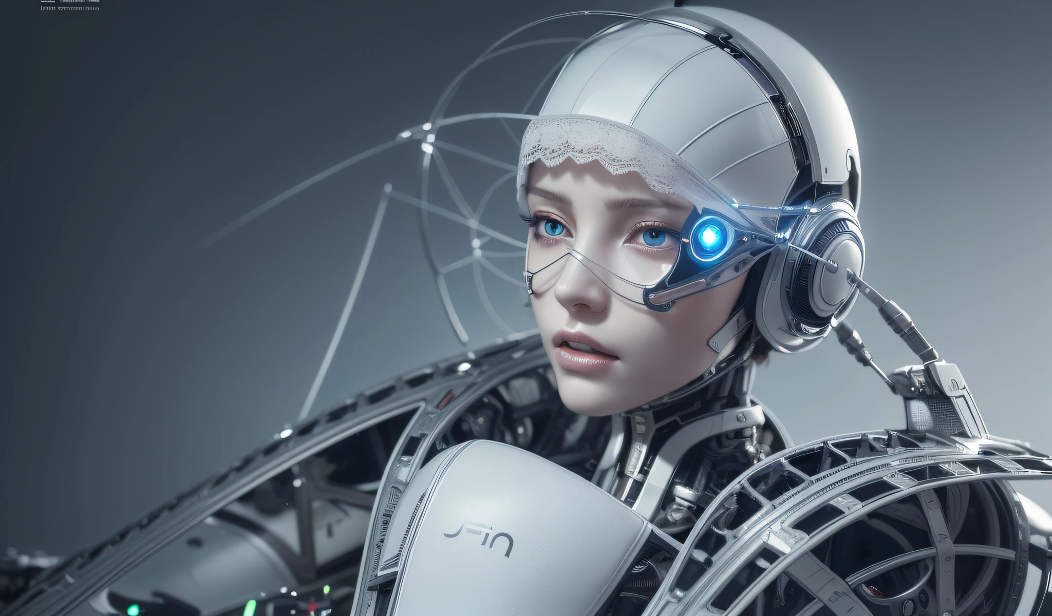 complex 3d render ultra detailed of a beautiful porcelain profile woman android face, cyborg, robotic parts, 150 mm, beautiful studio soft light, rim light, vibrant details, luxurious cyberpunk, lace, hyperrealistic, anatomical, facial muscles, cable electric wires, microchip, elegant, beautiful background, octane render, H. R. Giger style, 8k, best quality, masterpiece, illustration, an extremely delicate and beautiful, extremely detailed ,CG ,unity ,wallpaper, (realistic, photo-realistic:1.37),Amazing, finely detail, masterpiece,best quality,official art, extremely detailed CG unity 8k wallpaper, absurdres, incredibly absurdres, robot, silver halmet, full body, sitting