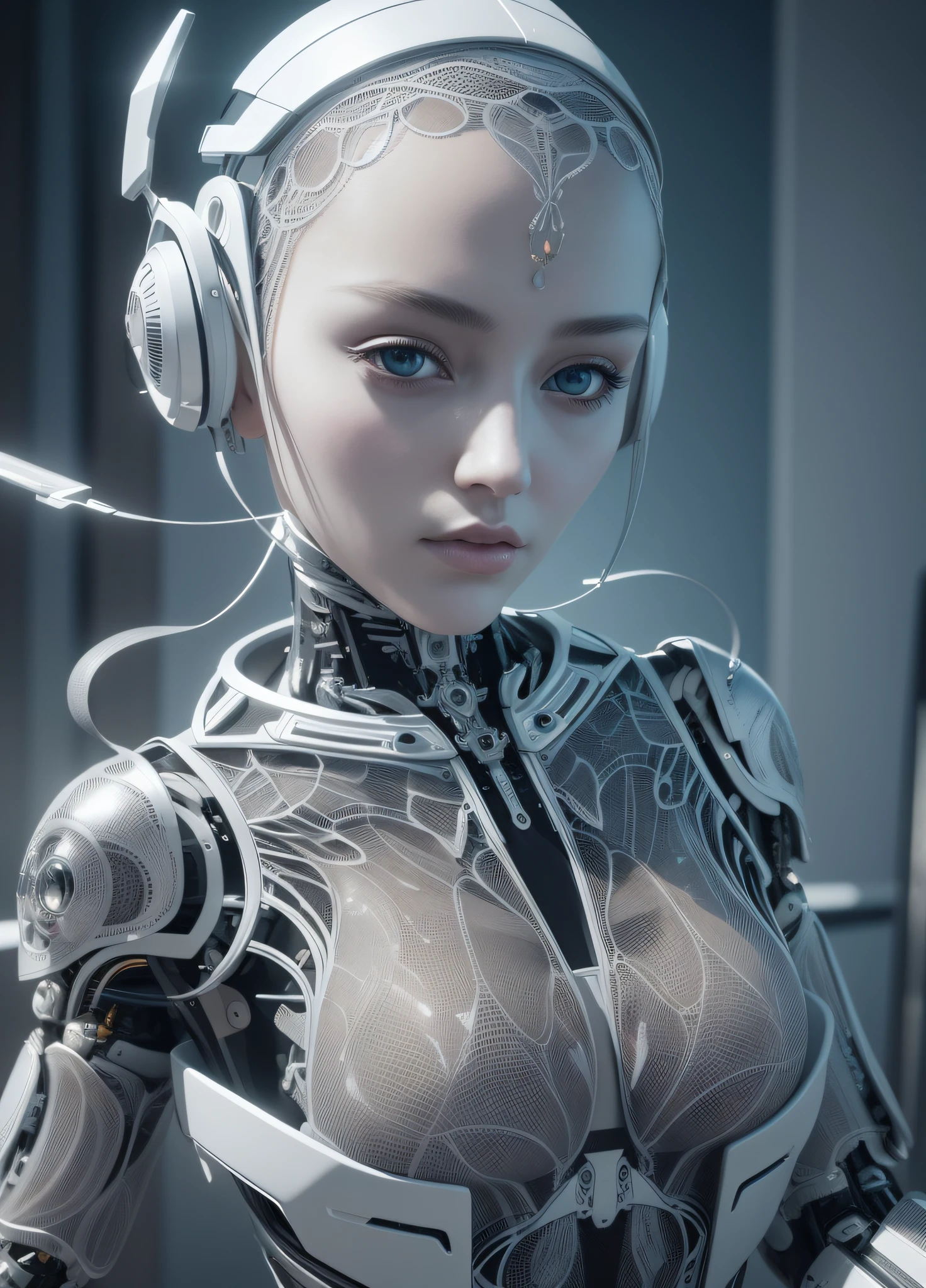 complex 3d render ultra detailed of a beautiful porcelain profile woman android face, cyborg, robotic parts, 150 mm, beautiful studio soft light, rim light, vibrant details, luxurious cyberpunk, lace, hyperrealistic, anatomical, facial muscles, cable electric wires, microchip, elegant, beautiful background, octane render, H. R. Giger style, 8k, best quality, masterpiece, illustration, an extremely delicate and beautiful, extremely detailed ,CG ,unity ,wallpaper, (realistic, photo-realistic:1.37),Amazing, finely detail, masterpiece,best quality,official art, extremely detailed CG unity 8k wallpaper, absurdres, incredibly absurdres, robot, silver halmet, full body, sitting