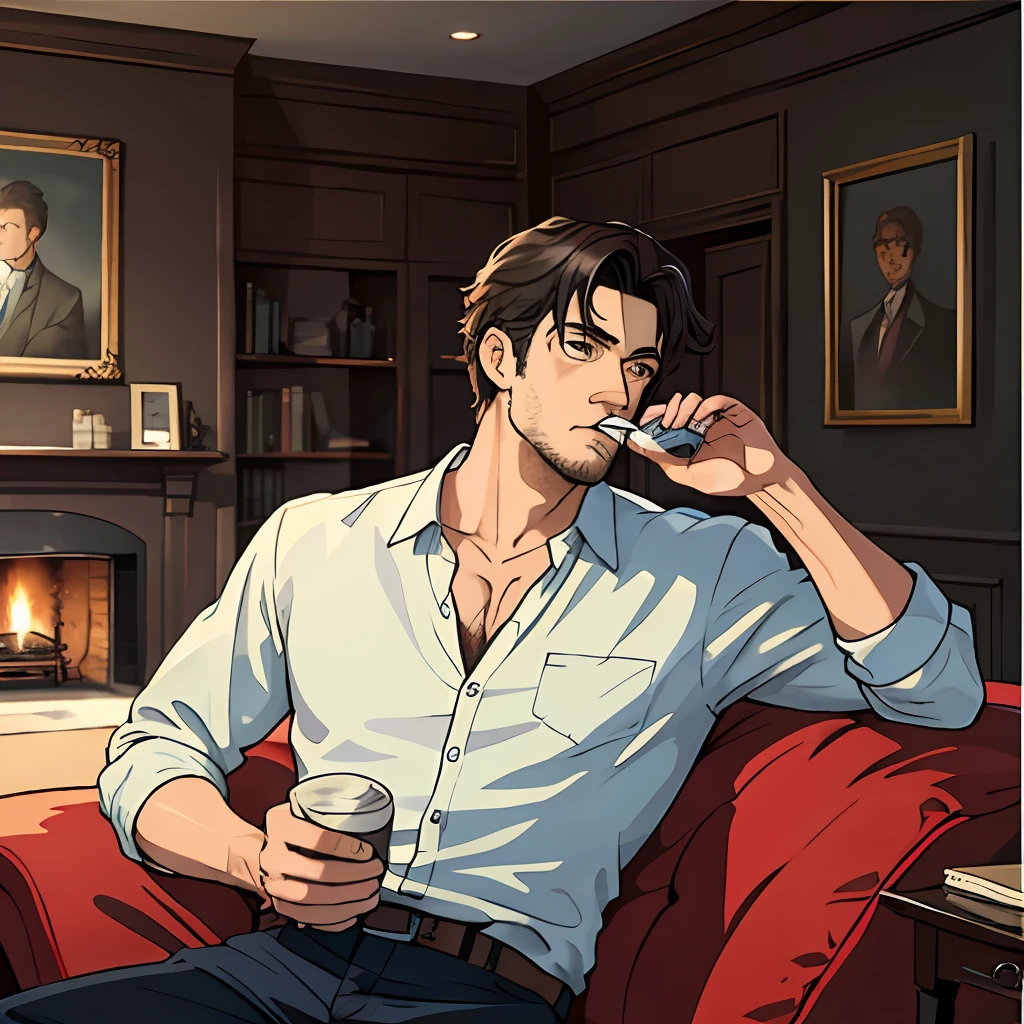 (Masterpiece, the best quality), ((a man)), living room, drinking