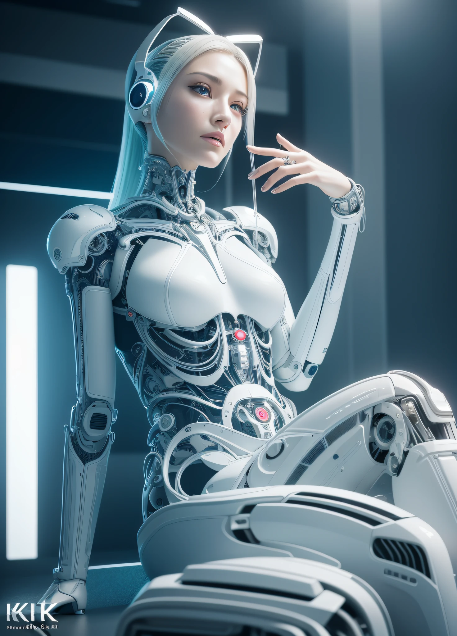 complex 3d render ultra detailed of a beautiful porcelain profile woman android face, cyborg, robotic parts, 150 mm, beautiful studio soft light, rim light, vibrant details, luxurious cyberpunk, lace, hyperrealistic, anatomical, facial muscles, cable electric wires, microchip, elegant, beautiful background, octane render, H. R. Giger style, 8k, best quality, masterpiece, illustration, an extremely delicate and beautiful, extremely detailed ,CG ,unity ,wallpaper, (realistic, photo-realistic:1.37),Amazing, finely detail, masterpiece,best quality,official art, extremely detailed CG unity 8k wallpaper, absurdres, incredibly absurdres,  robot, silver halmet, full body, sitting