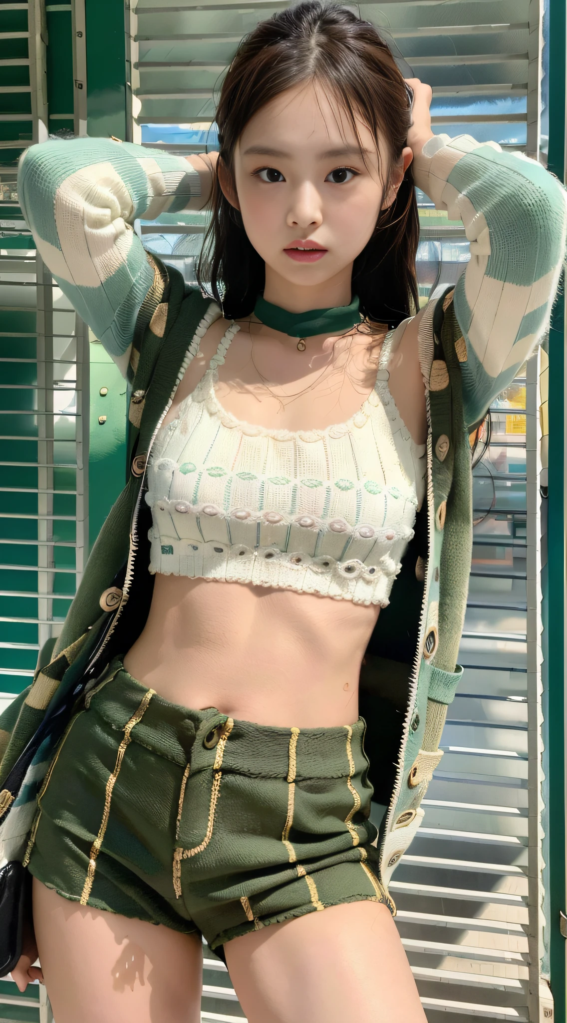 (1girl:1.3), solo,_ Kim Ji-ni Jennie face, wearing green armband sweater, cropped style, white bandeau underneath, pale green shorts, sexy, cute, white socks, background campus, full body photo, looking at the audience, world-weary face, indifferent eyes, Korean style photo photo, photographic lighting, strong contrast, sunlight on the face, world-weary face, high-end sense, 8k resolution image, intricate symmetrical details. Smooth action, full picture.