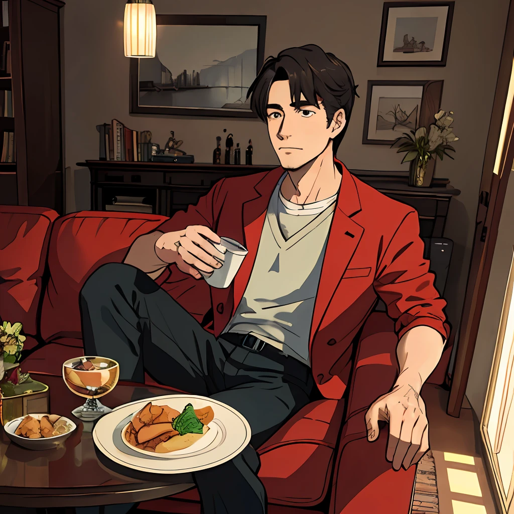 (Masterpiece, the best quality), ((a man)), living room, drinking
