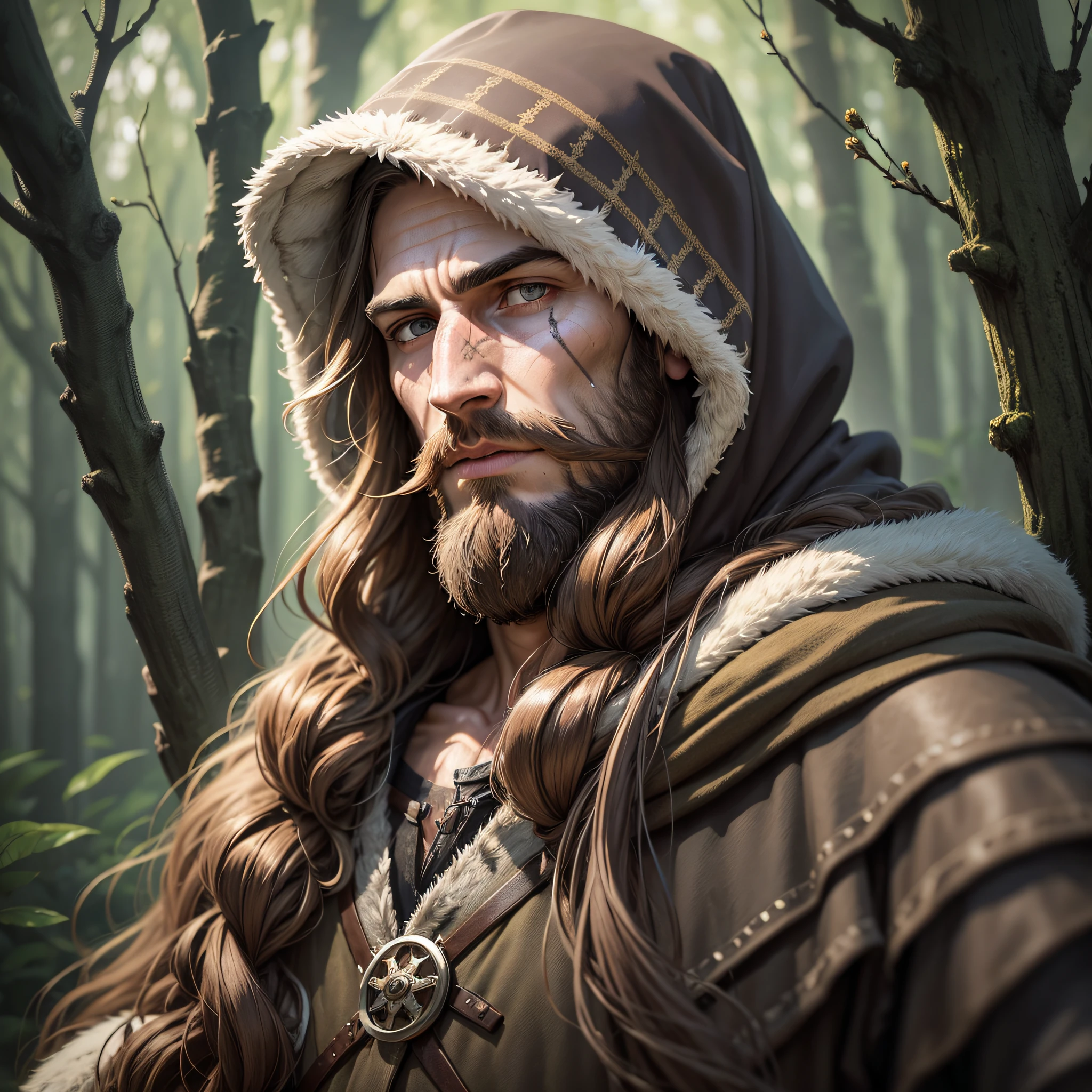 Man, long brown hair, bearded, poorly done beard, slightly bruised face, medieval druid hunter, in the middle of a dense forest at night, hooded, medieval style, realistic, ultra detailed --auto --s2