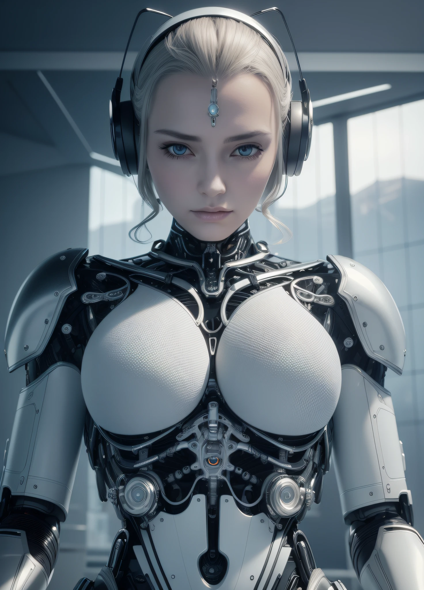complex 3d render ultra detailed of a beautiful porcelain profile woman android face, cyborg, robotic parts, 150 mm, beautiful studio soft light, rim light, vibrant details, luxurious cyberpunk, lace, hyperrealistic, anatomical, facial muscles, cable electric wires, microchip, elegant, beautiful background, octane render, H. R. Giger style, 8k, best quality, masterpiece, illustration, an extremely delicate and beautiful, extremely detailed ,CG ,unity ,wallpaper, (realistic, photo-realistic:1.37),Amazing, finely detail, masterpiece,best quality,official art, extremely detailed CG unity 8k wallpaper, absurdres, incredibly absurdres, robot, silver halmet, full body, sitting