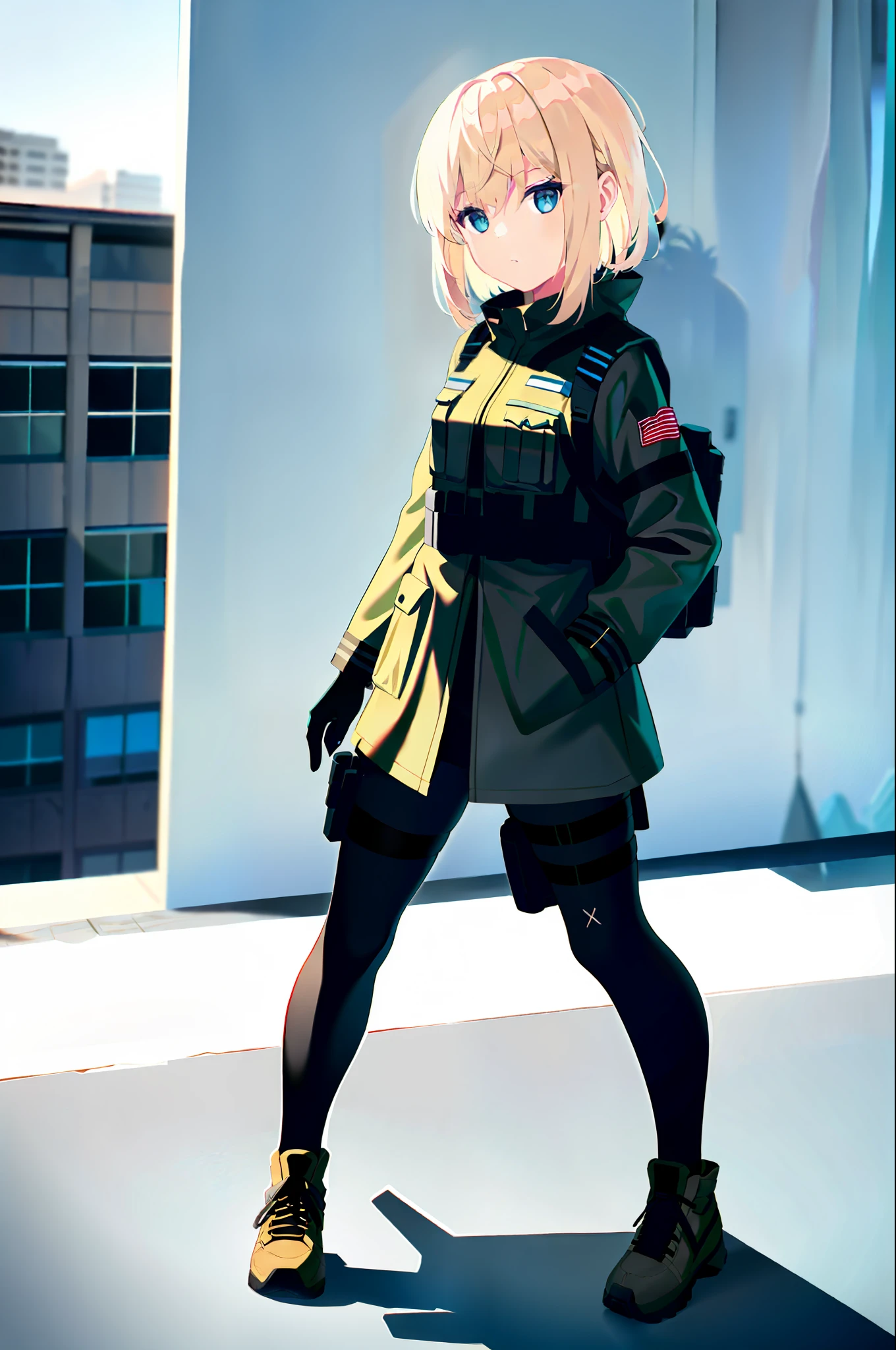 photo of a iom girl, 1girl, bangs, blonde hair, blue eyes, bulletproof vest, gloves, headphones, holster, looking at viewer, medium hair, military, plate carrier, tactical clothes, (black and khaki clothes), thigh holster, thigh strap, forest, running, black backpack, outdoors,