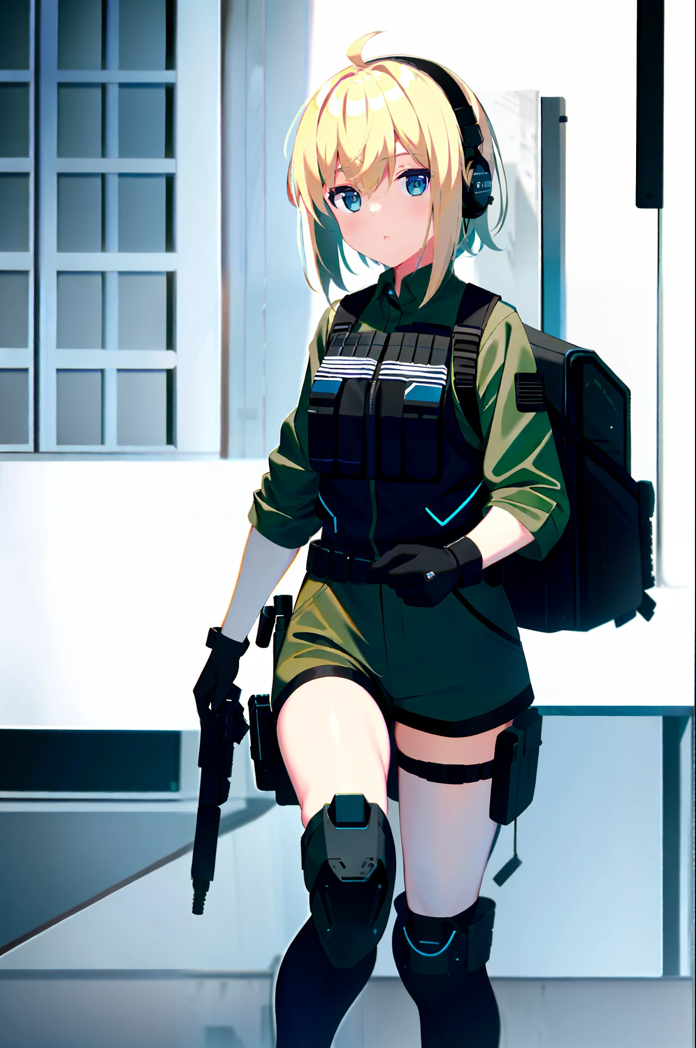 photo of a iom girl, 1girl, bangs, blonde hair, blue eyes, bulletproof vest, gloves, headphones, holster, looking at viewer, medium hair, military, plate carrier, tactical clothes, (black and khaki clothes),  thigh holster, thigh strap, forest, running, black backpack, outdoors,