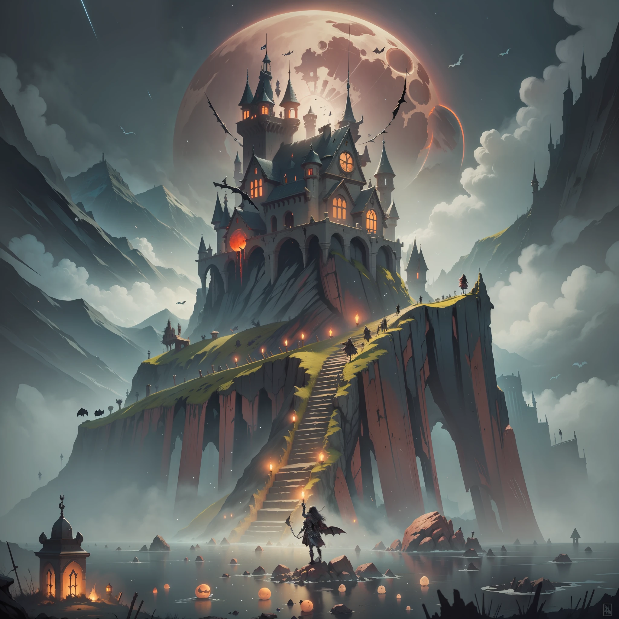 Dark world, cliffs, skeletons everywhere, blood moon, black fog surrounding, levitating Castlevania, point of light, fantasy, ghost flight, bats, barren land