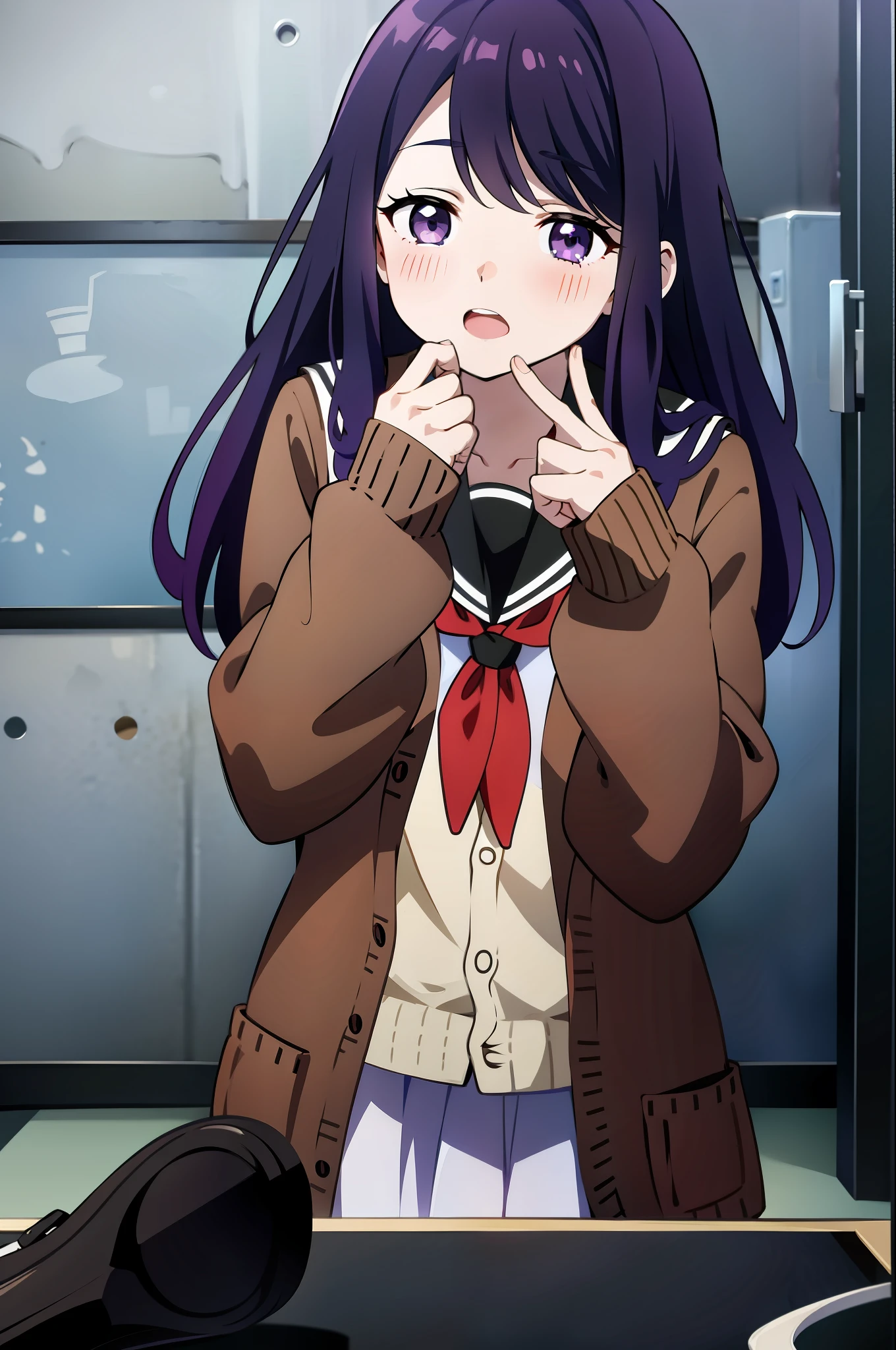 upper body, Nagisa Kubo, purple hair, purple eyes, 1girl, (eating:1.1), open mouth, classroom, black sailor collar, school uniform, serafuku, white shirt, red neckerchief, black pleated skirt, (brown cardigan:1.3), open cardigan, long sleeves, white legwear, brown footwear,, (masterpiece:1.2), highres, best quality, 8k, very clear, Holding_Sign,